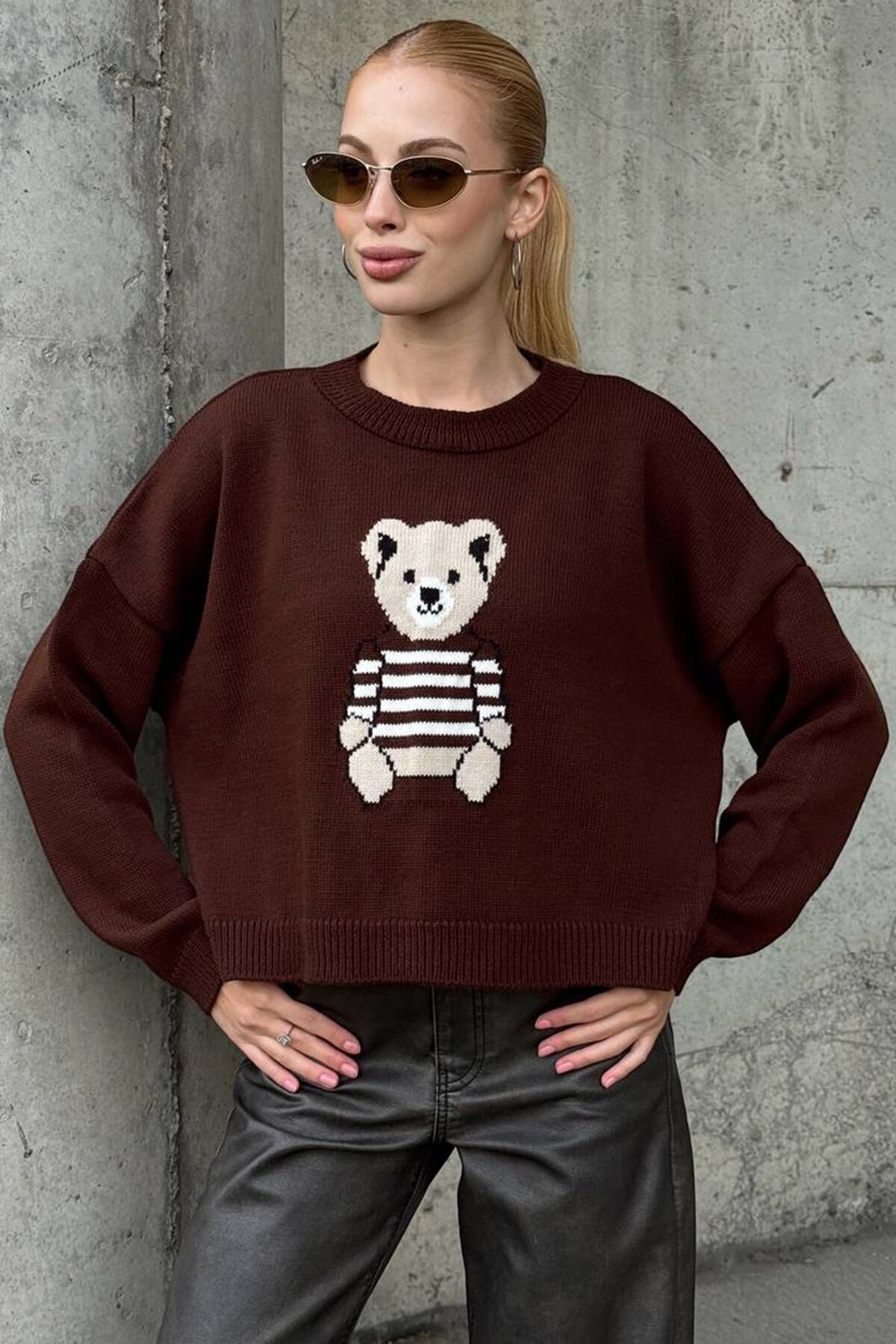 Ayıcık Baskılı Bisiklet Yaka Oversize Triko Kazak