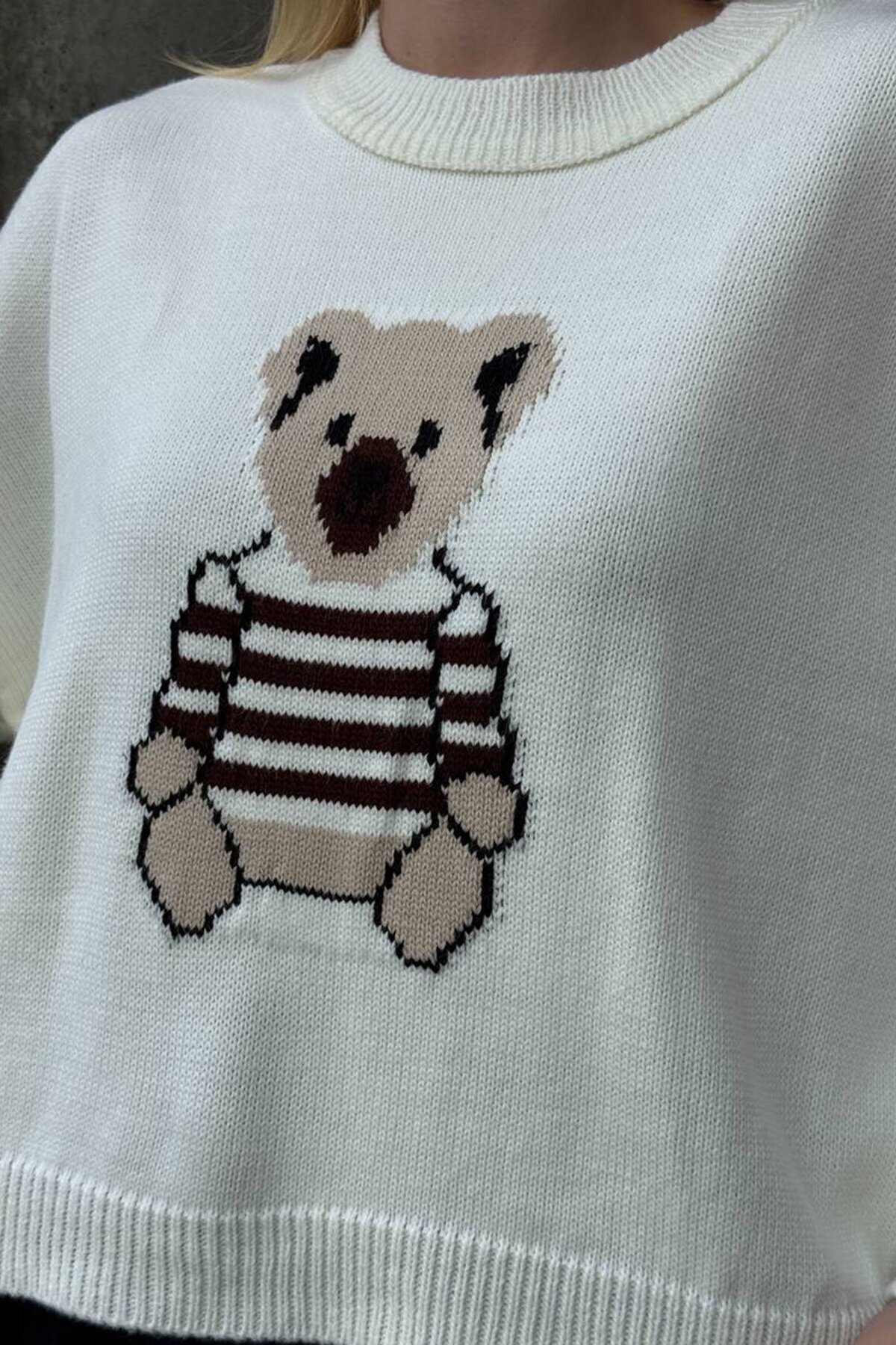 Ayıcık Baskılı Bisiklet Yaka Oversize Triko Kazak