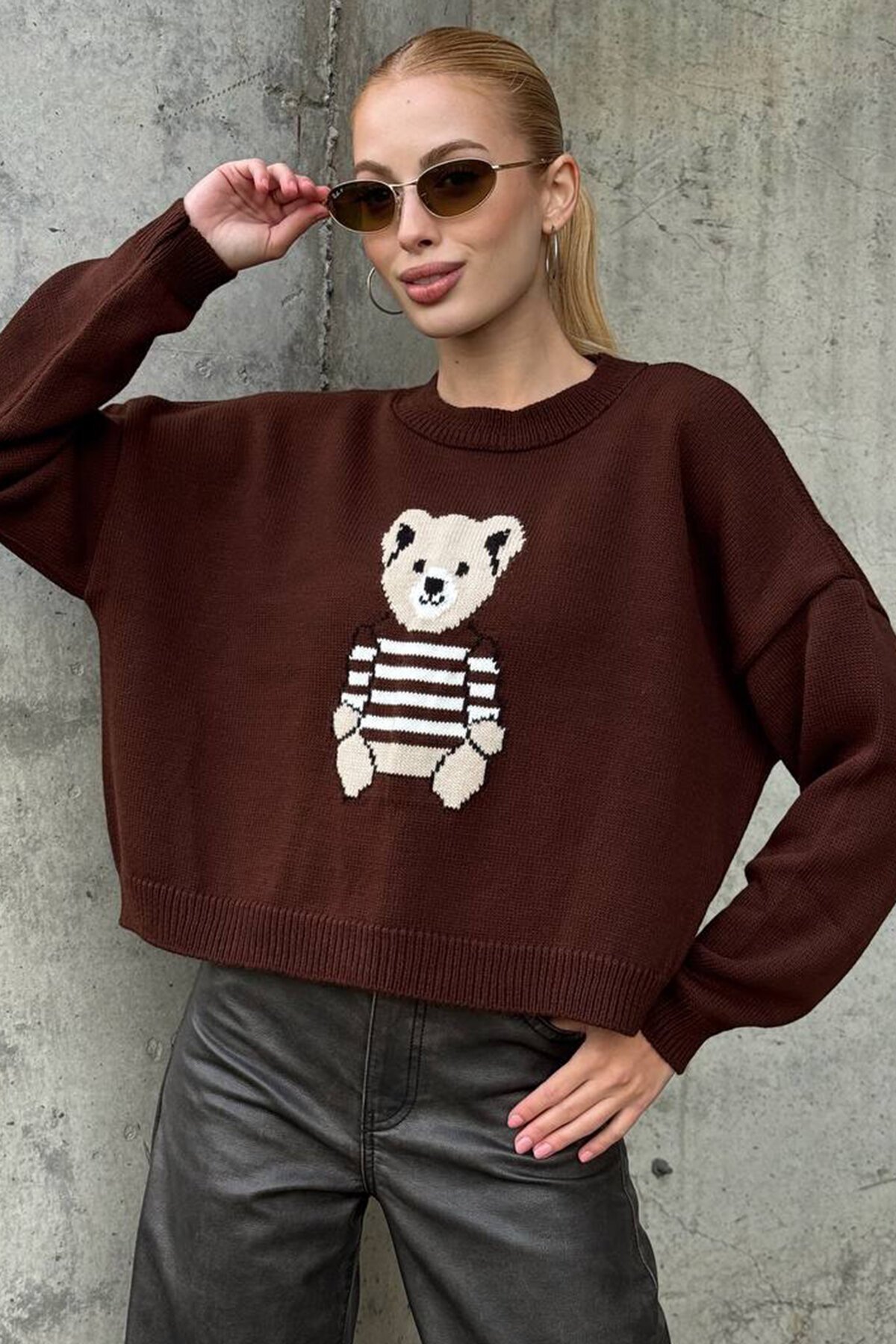 Ayıcık Baskılı Bisiklet Yaka Oversize Triko Kazak