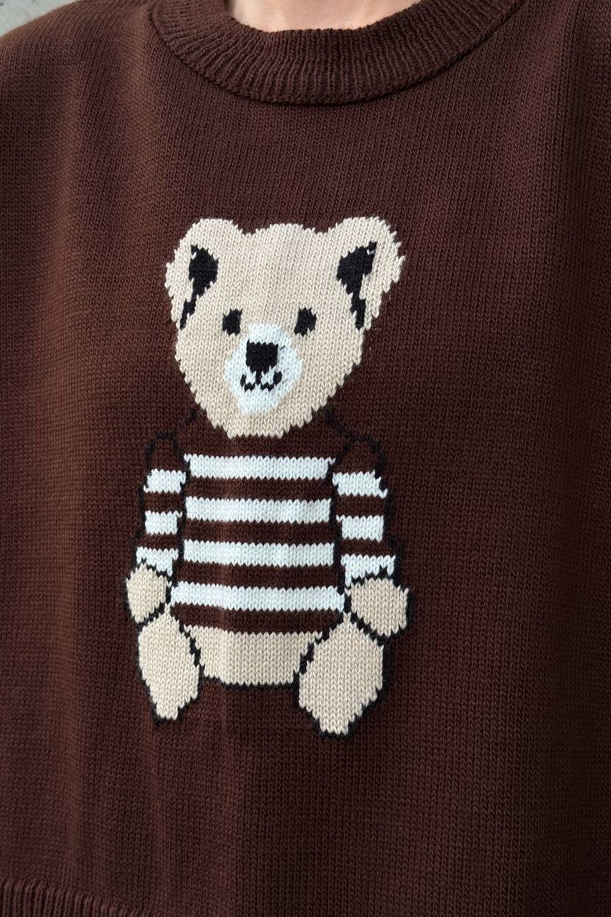 Ayıcık Baskılı Bisiklet Yaka Oversize Triko Kazak