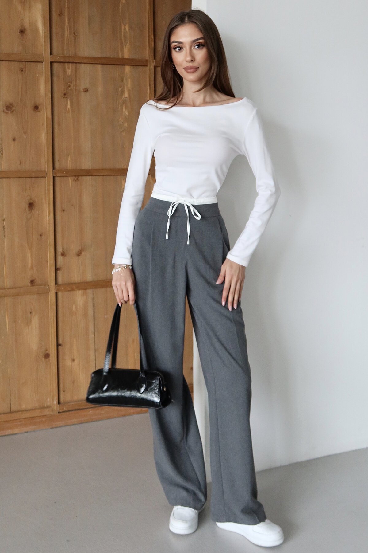 Bağcıklı Çift Cepli Fermuarlı Palazzo Pantolon