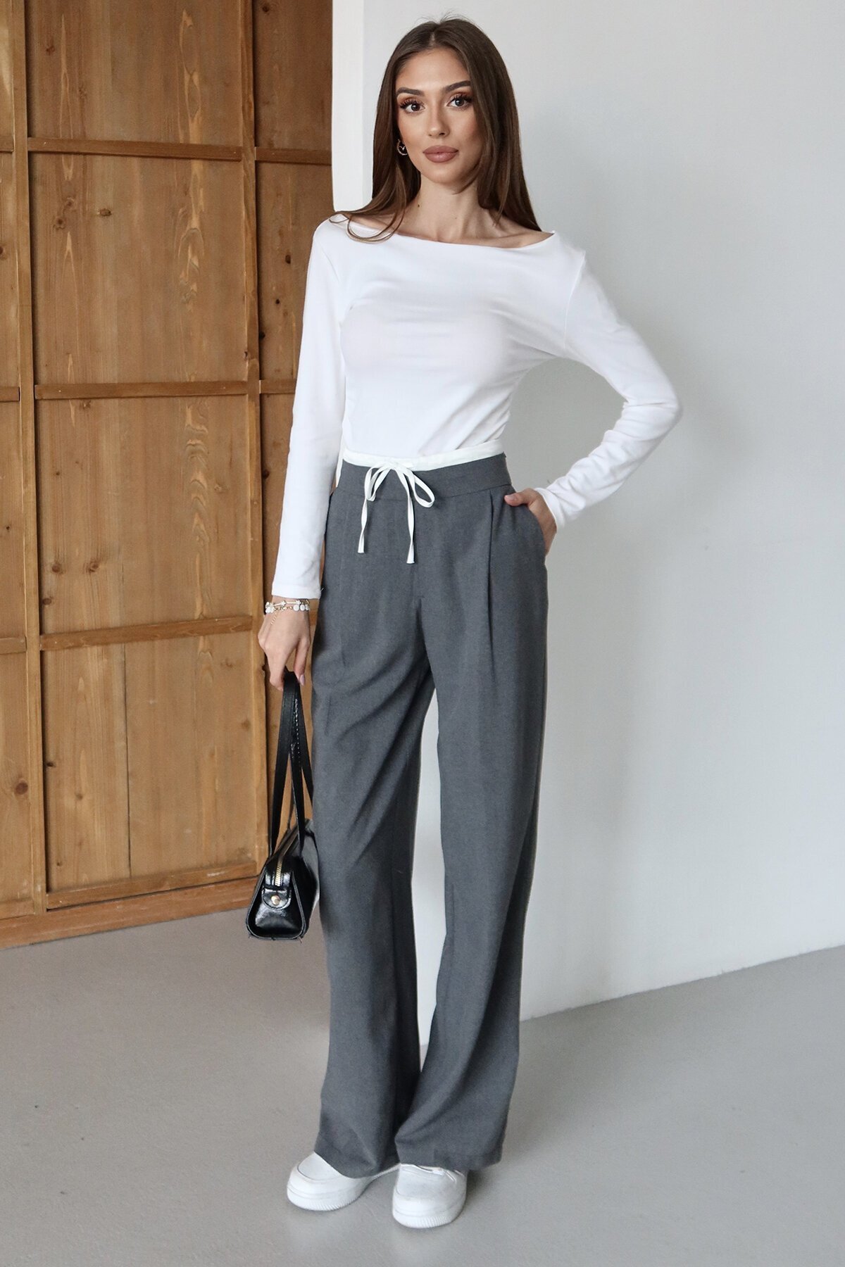 Bağcıklı Çift Cepli Fermuarlı Palazzo Pantolon