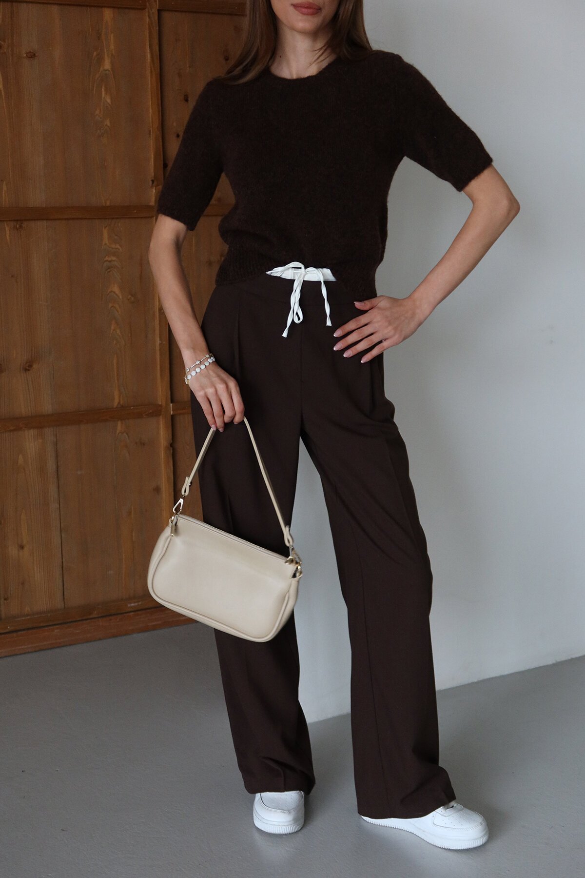 Bağcıklı Çift Cepli Fermuarlı Palazzo Pantolon