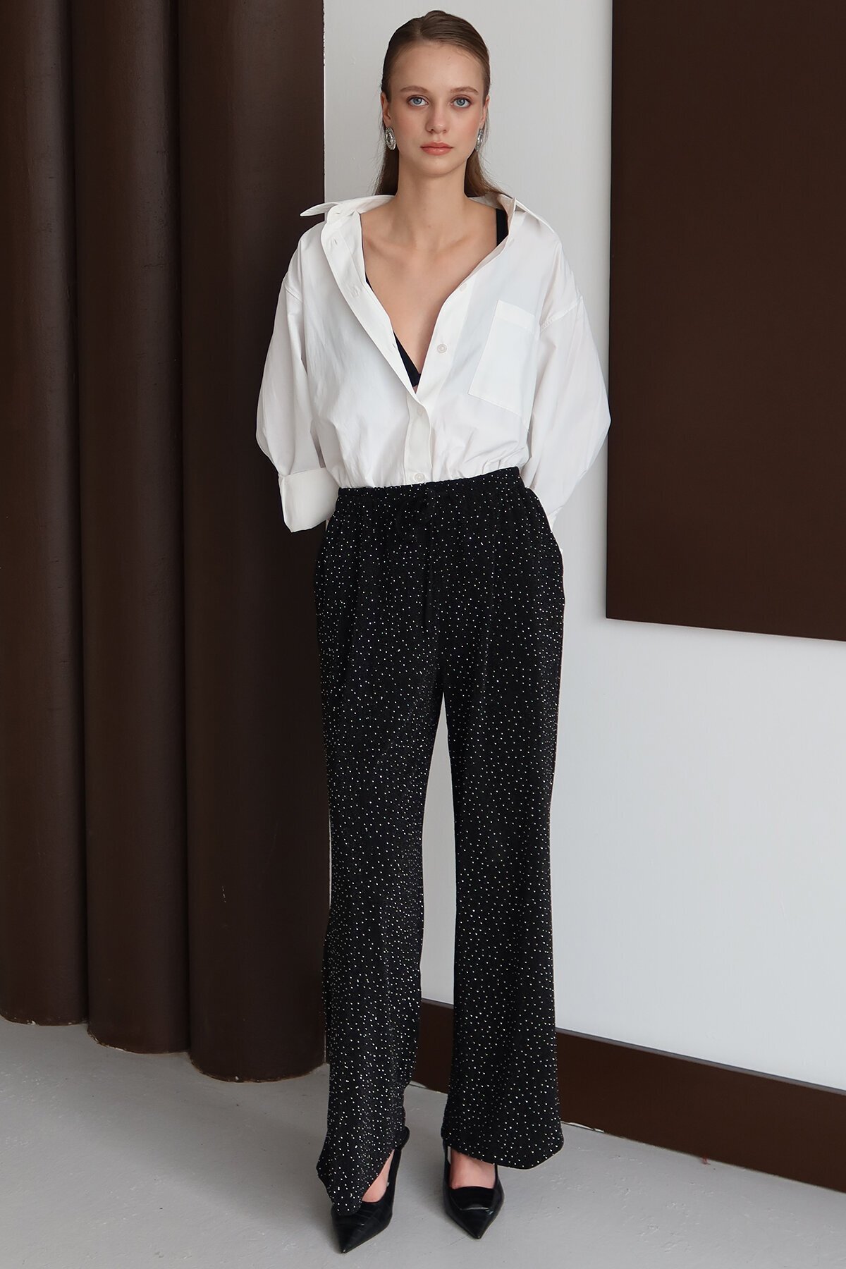 Bağcıklı Çift Cepli Taş İşlemeli Palazzo Pantolon