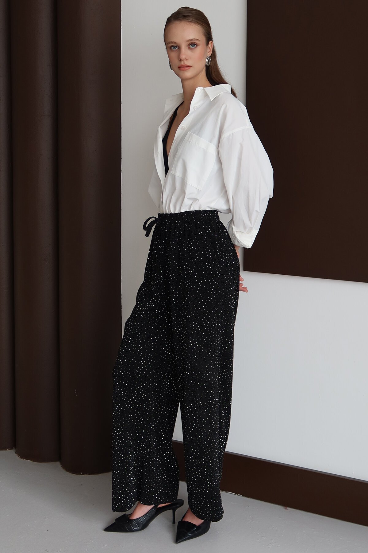 Bağcıklı Çift Cepli Taş İşlemeli Palazzo Pantolon