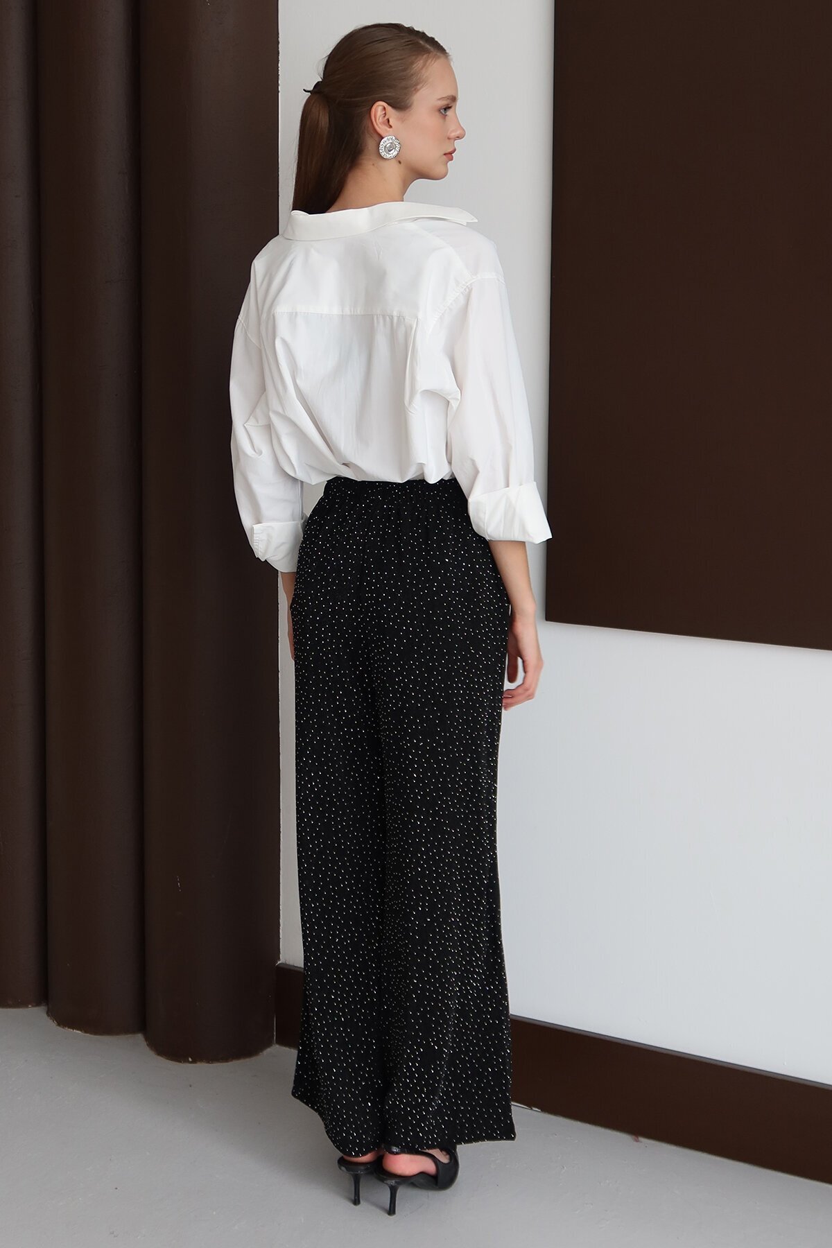 Bağcıklı Çift Cepli Taş İşlemeli Palazzo Pantolon