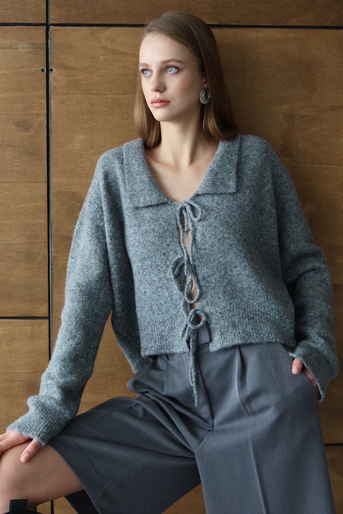 Bağlama Detaylı Polo Yaka Triko Hırka