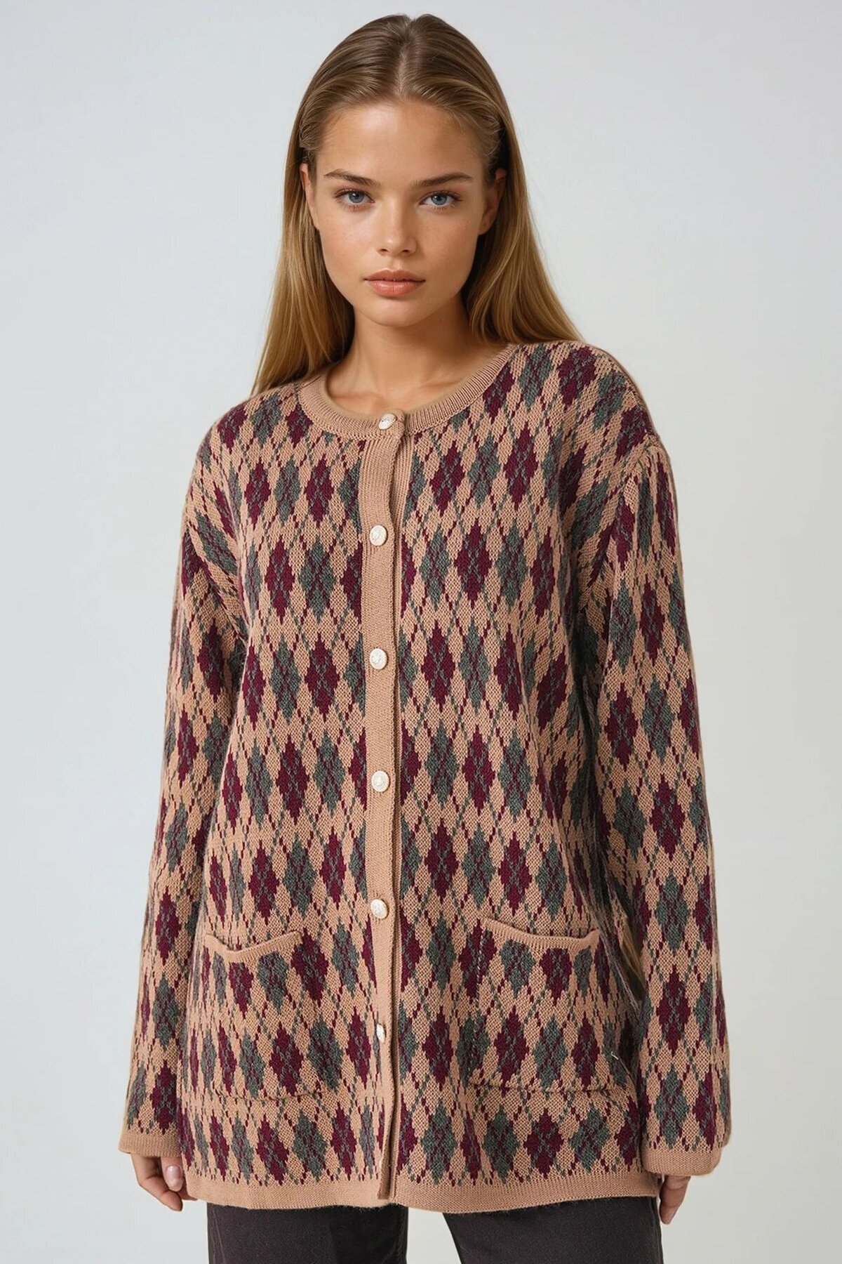 Baklava Desenli Düğmeli Cepli Triko Hırka