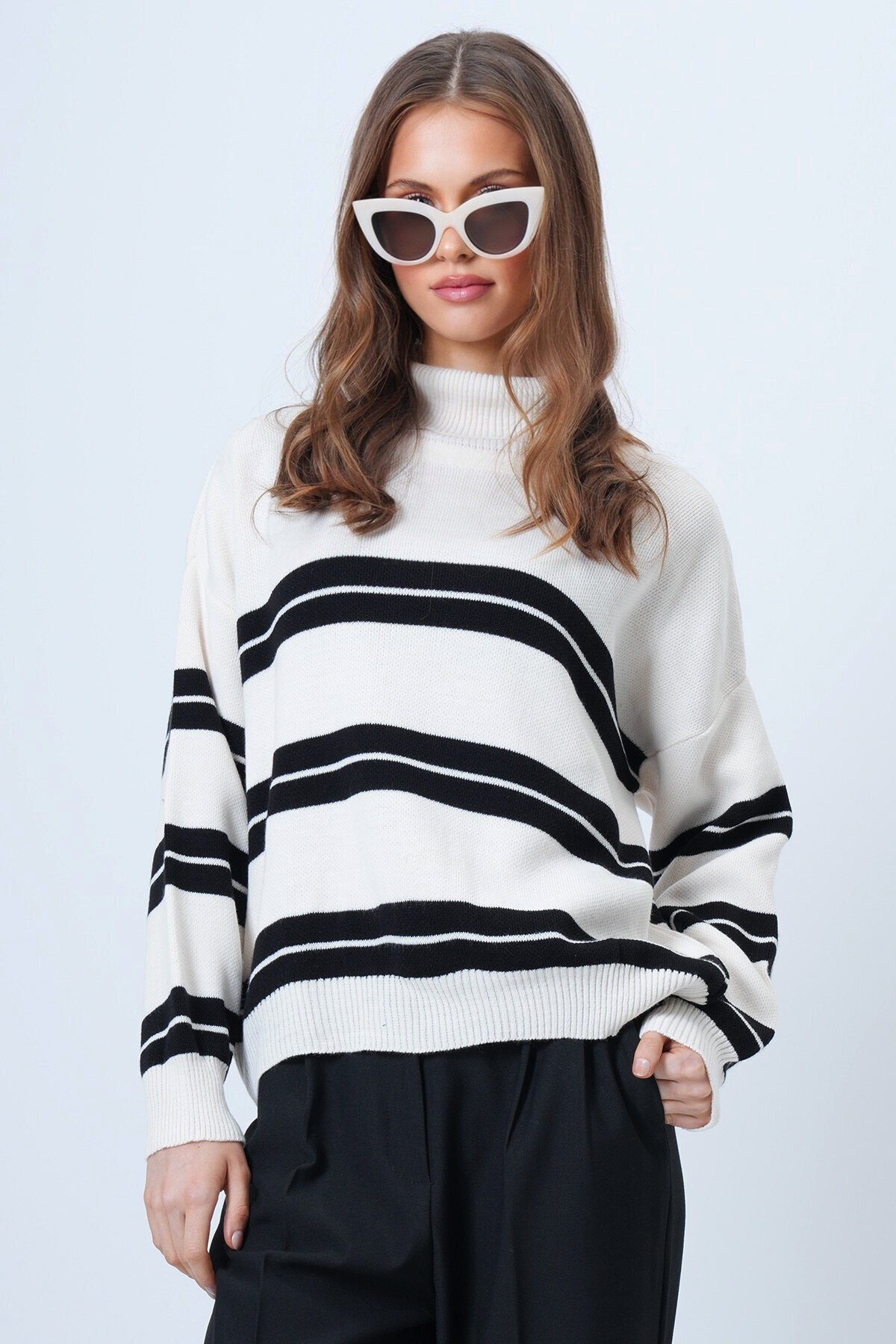 Balıkçı Yaka Kalom Çizgili Uzun Kollu Triko Kazak