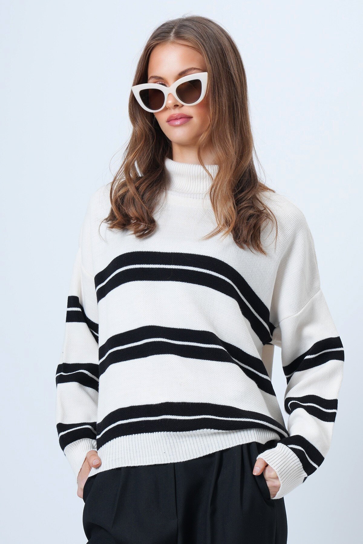 Balıkçı Yaka Kalom Çizgili Uzun Kollu Triko Kazak