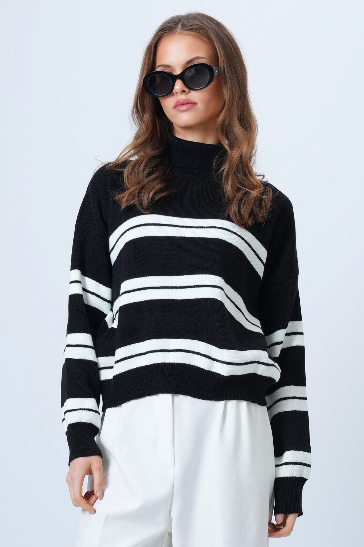 Balıkçı Yaka Kalom Çizgili Uzun Kollu Triko Kazak