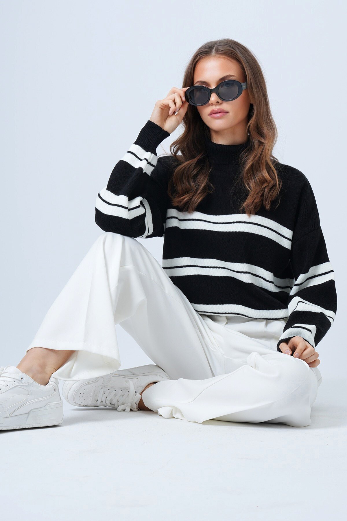 Balıkçı Yaka Kalom Çizgili Uzun Kollu Triko Kazak