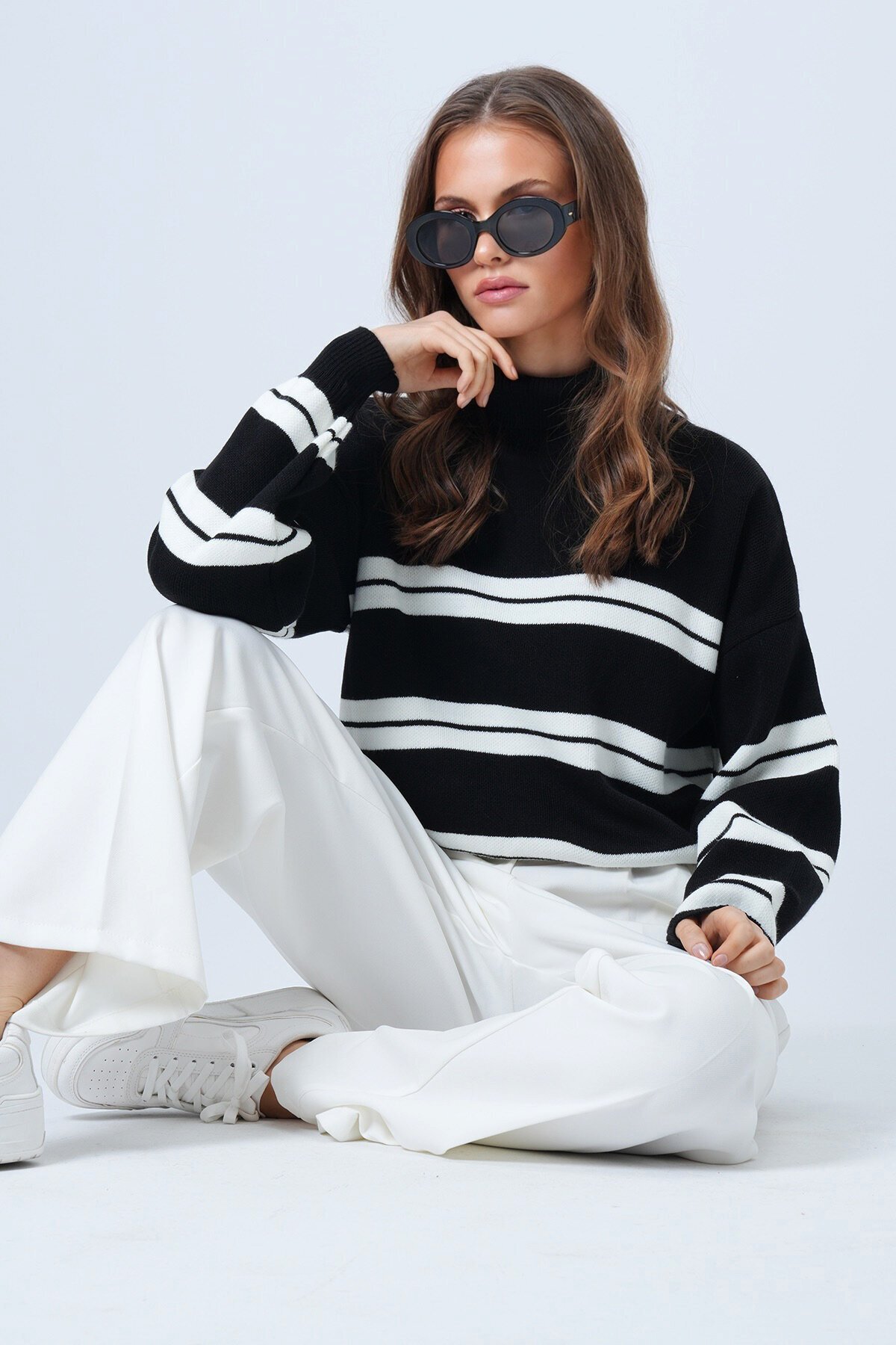 Balıkçı Yaka Kalom Çizgili Uzun Kollu Triko Kazak