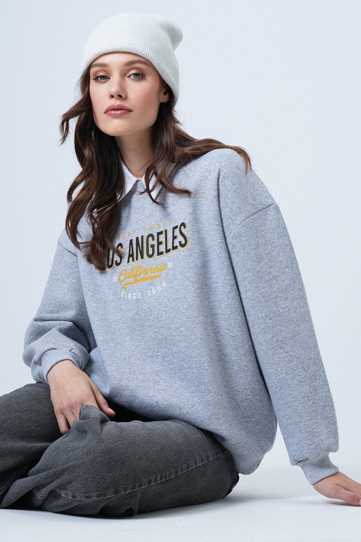 Baskılı Bisiklet Yaka Oversize Sweatshirt