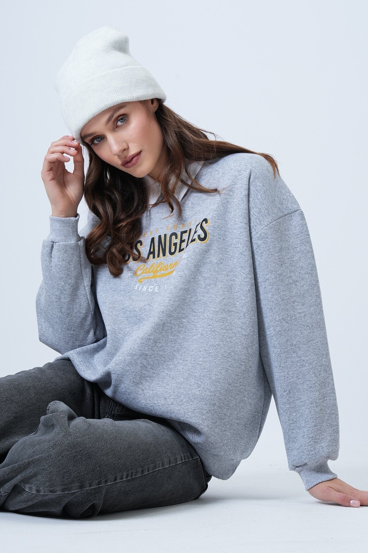 Baskılı Bisiklet Yaka Oversize Sweatshirt