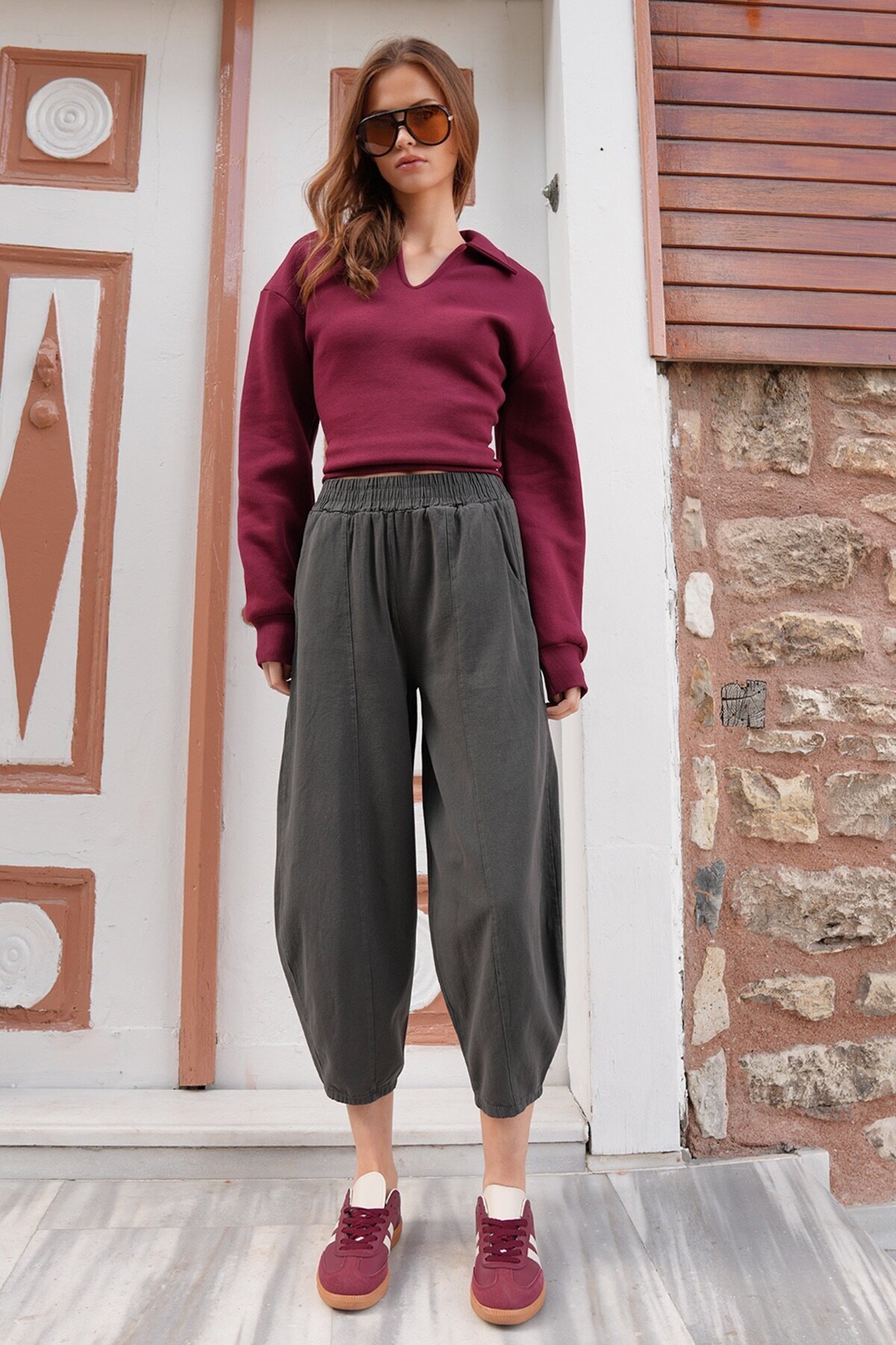 Beli Lastikli Balon Kesim Gabardin Pantolon