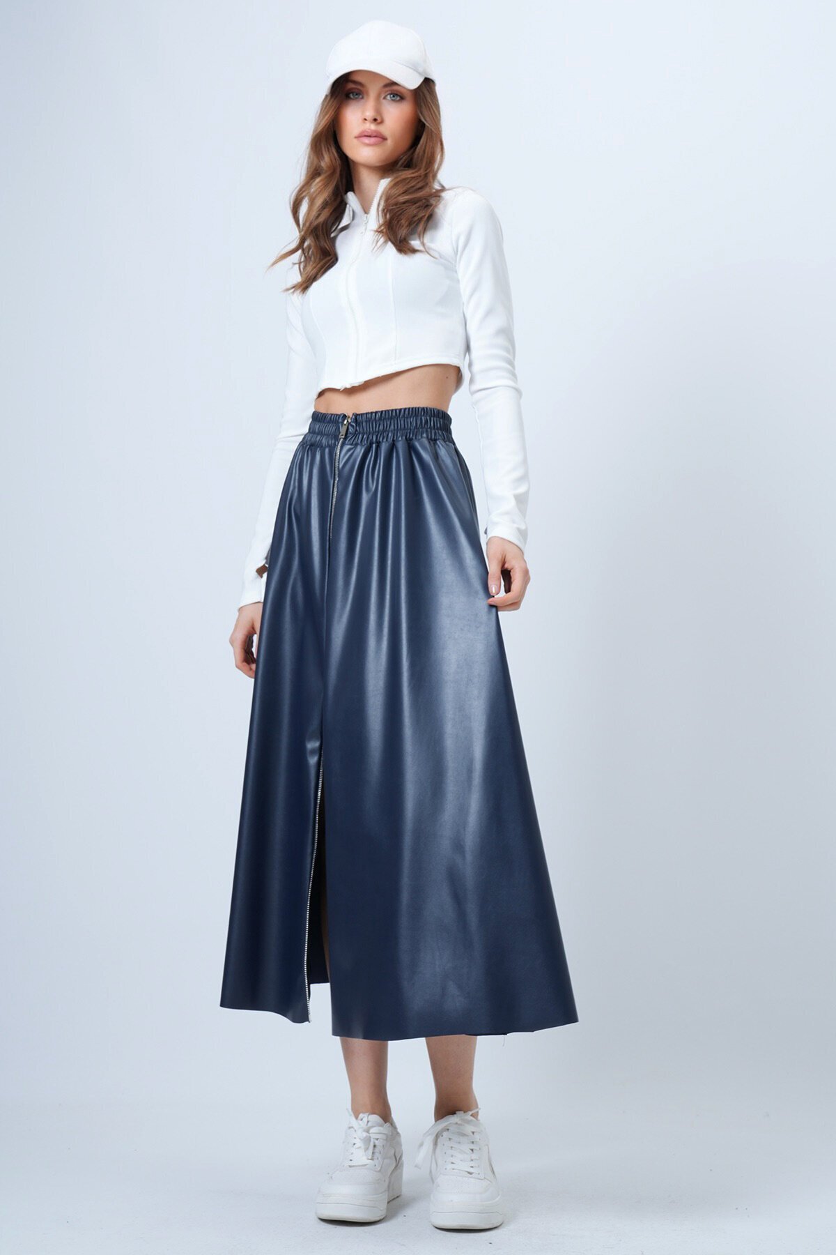 Beli Lastikli Fermuarlı Suni Deri Etek