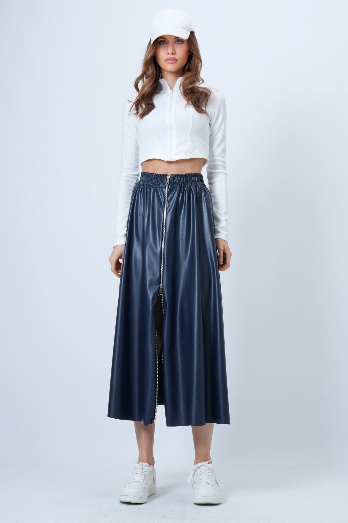 Beli Lastikli Fermuarlı Suni Deri Etek