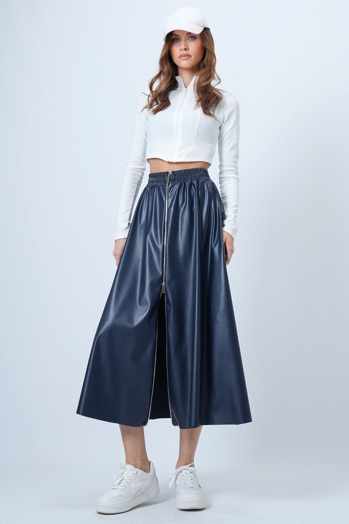 Beli Lastikli Fermuarlı Suni Deri Etek