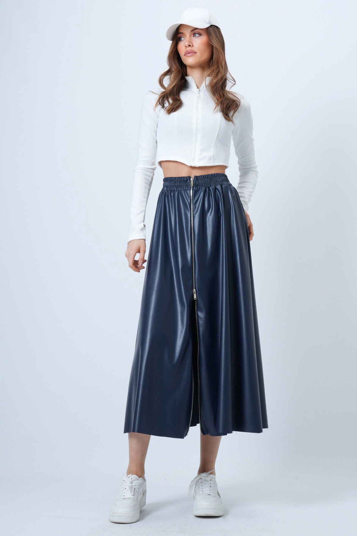 Beli Lastikli Fermuarlı Suni Deri Etek