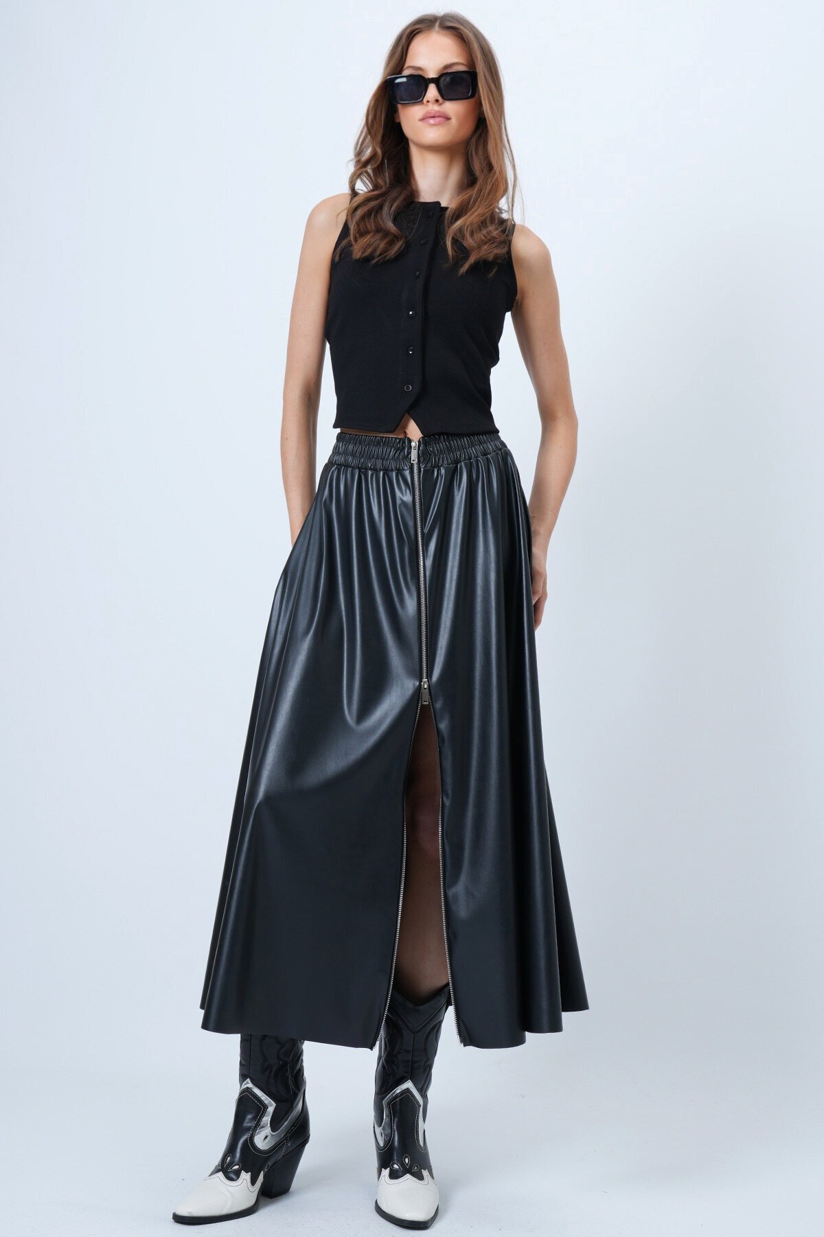 Beli Lastikli Fermuarlı Suni Deri Etek