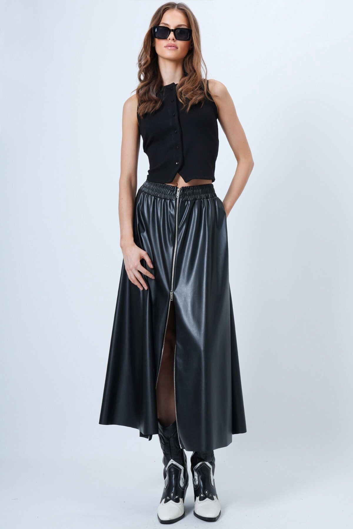 Beli Lastikli Fermuarlı Suni Deri Etek