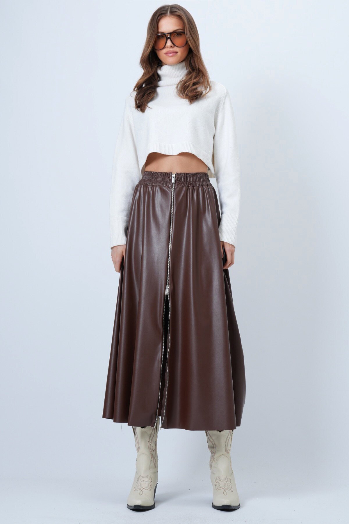 Beli Lastikli Fermuarlı Suni Deri Etek