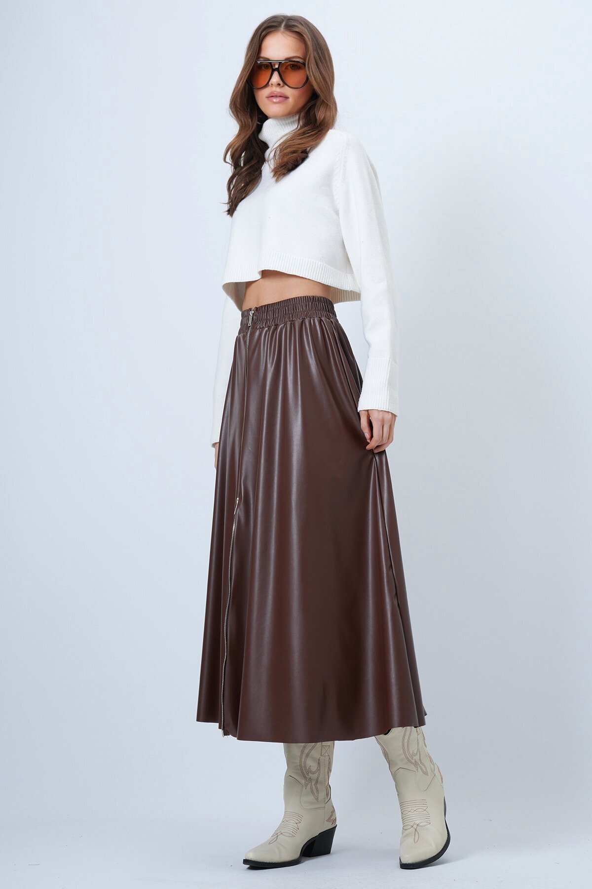 Beli Lastikli Fermuarlı Suni Deri Etek