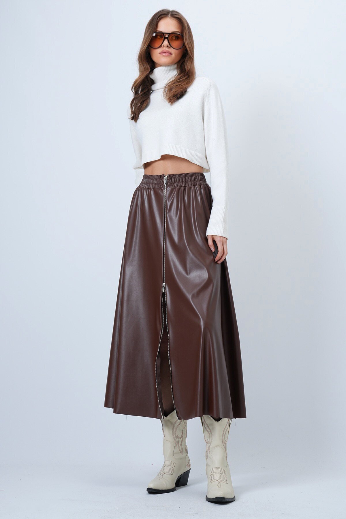 Beli Lastikli Fermuarlı Suni Deri Etek