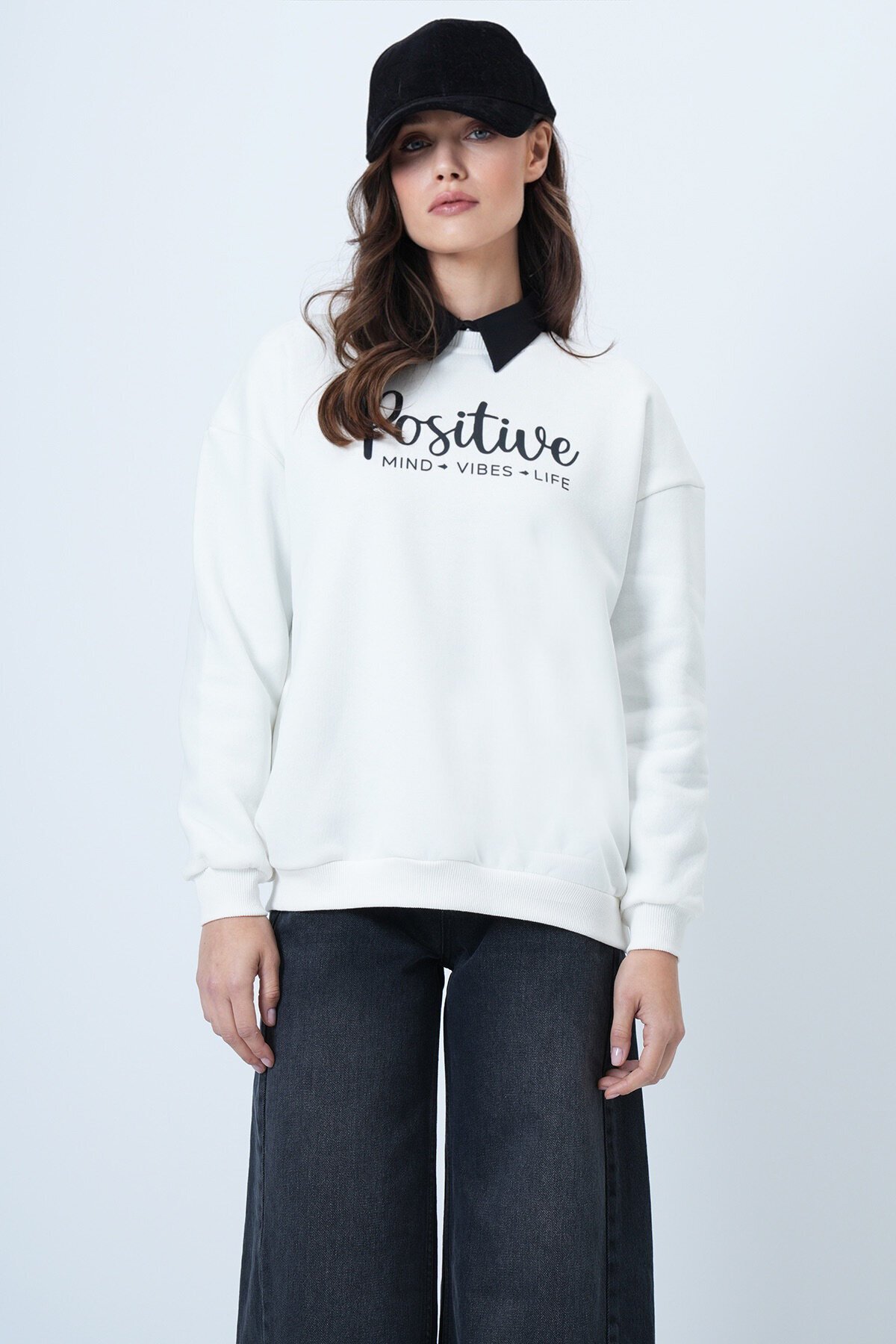 Bisiklet Yaka 3 İplik Baskılı Oversize Sweatshirt