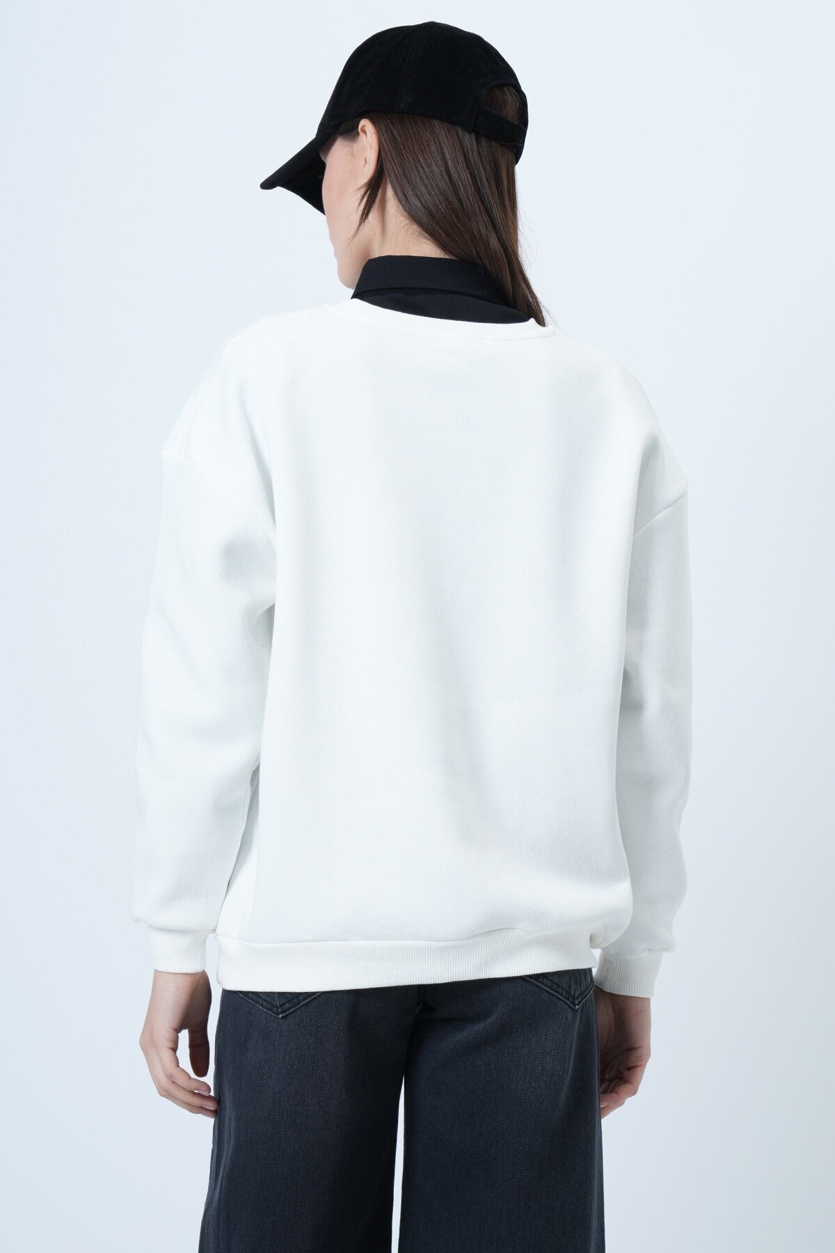 Bisiklet Yaka 3 İplik Baskılı Oversize Sweatshirt