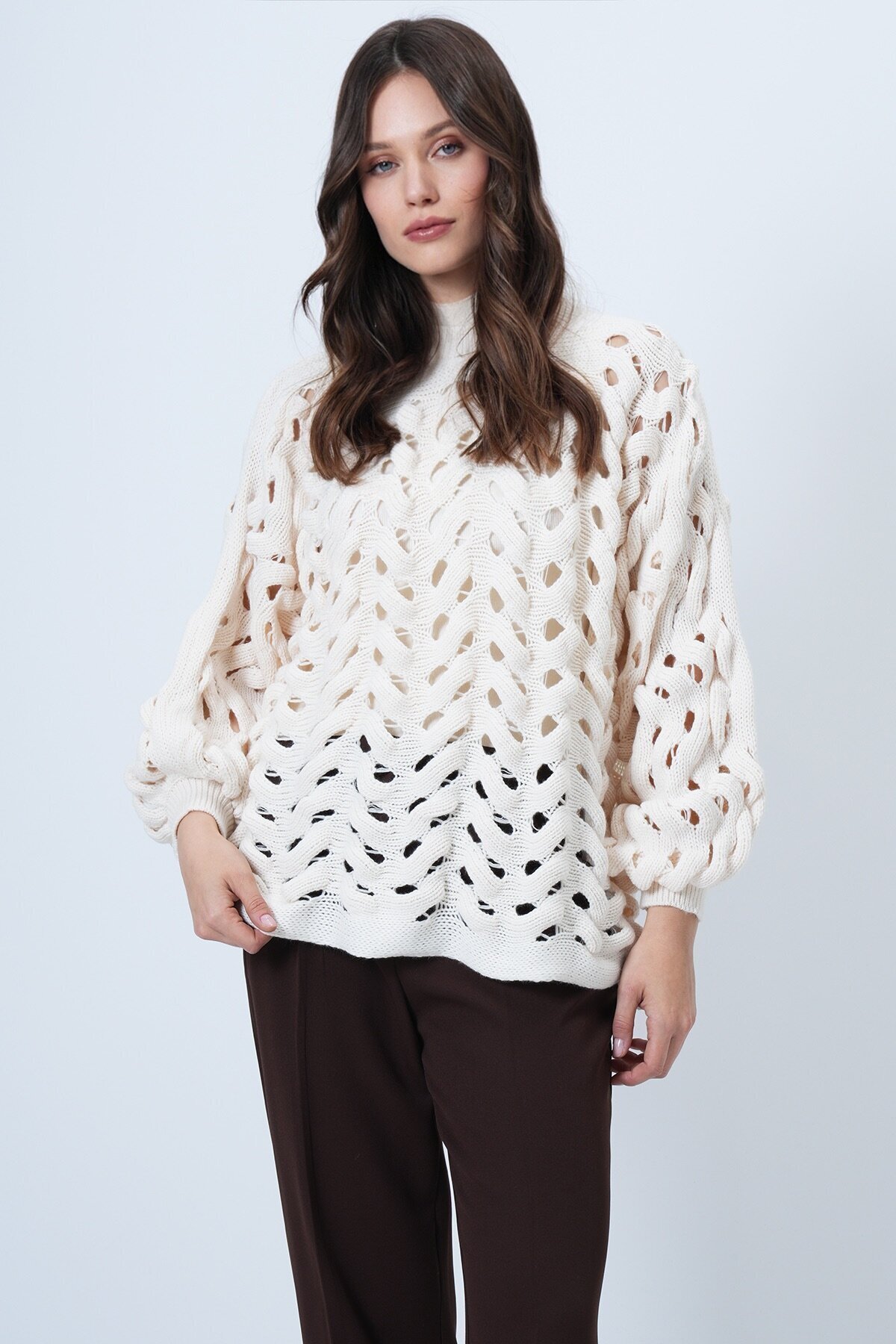 Bisiklet Yaka Ajurlu Triko Kazak