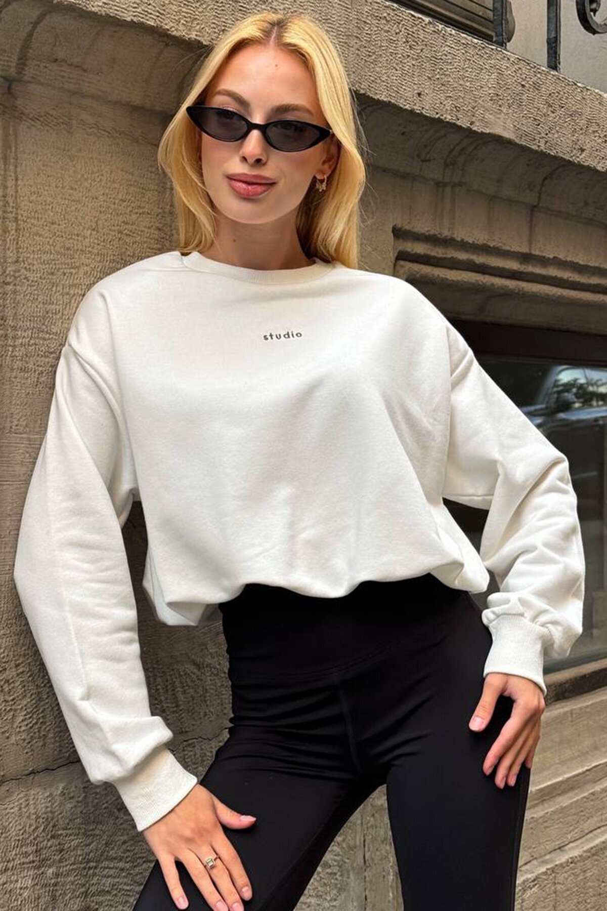 Bisiklet Yaka Baskılı Oversize 3 İplik Sweatshirt