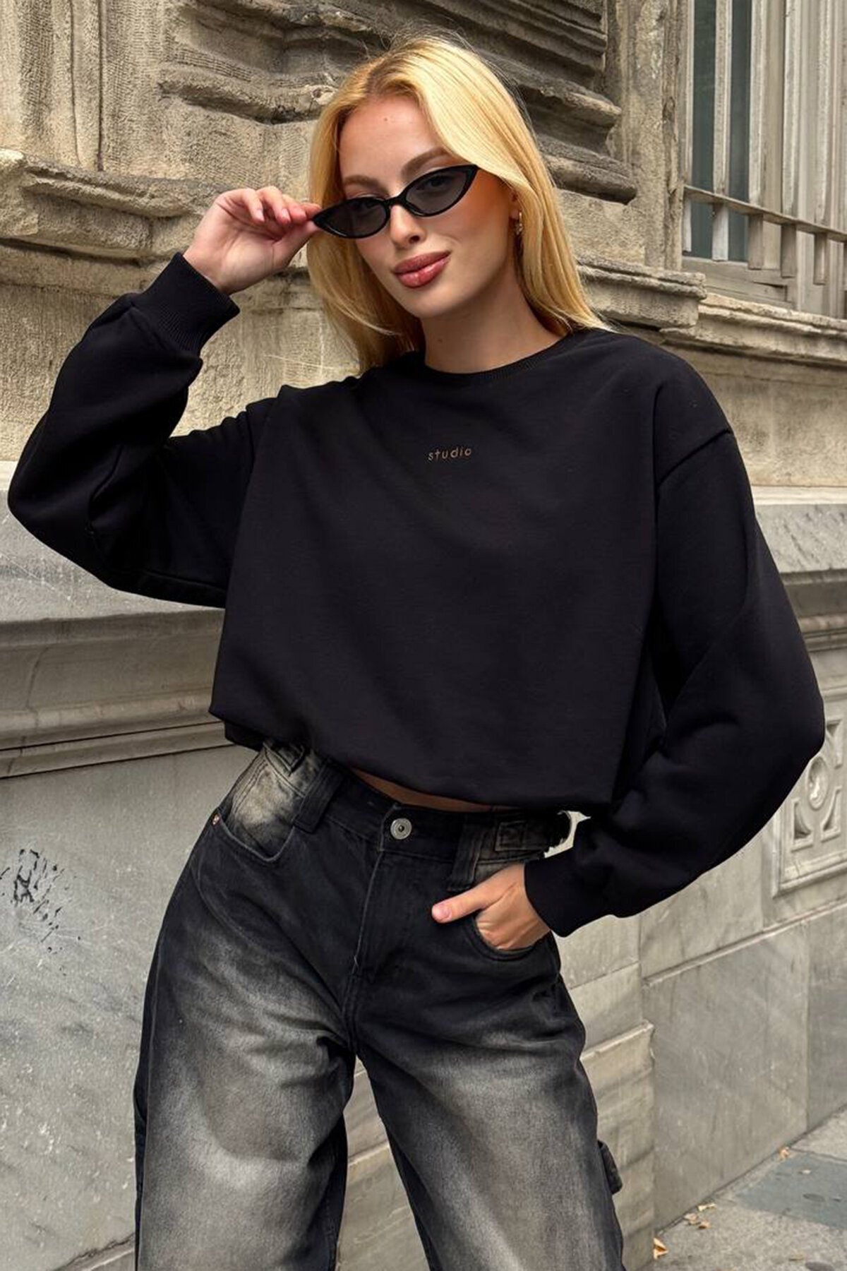 Bisiklet Yaka Baskılı Oversize 3 İplik Sweatshirt