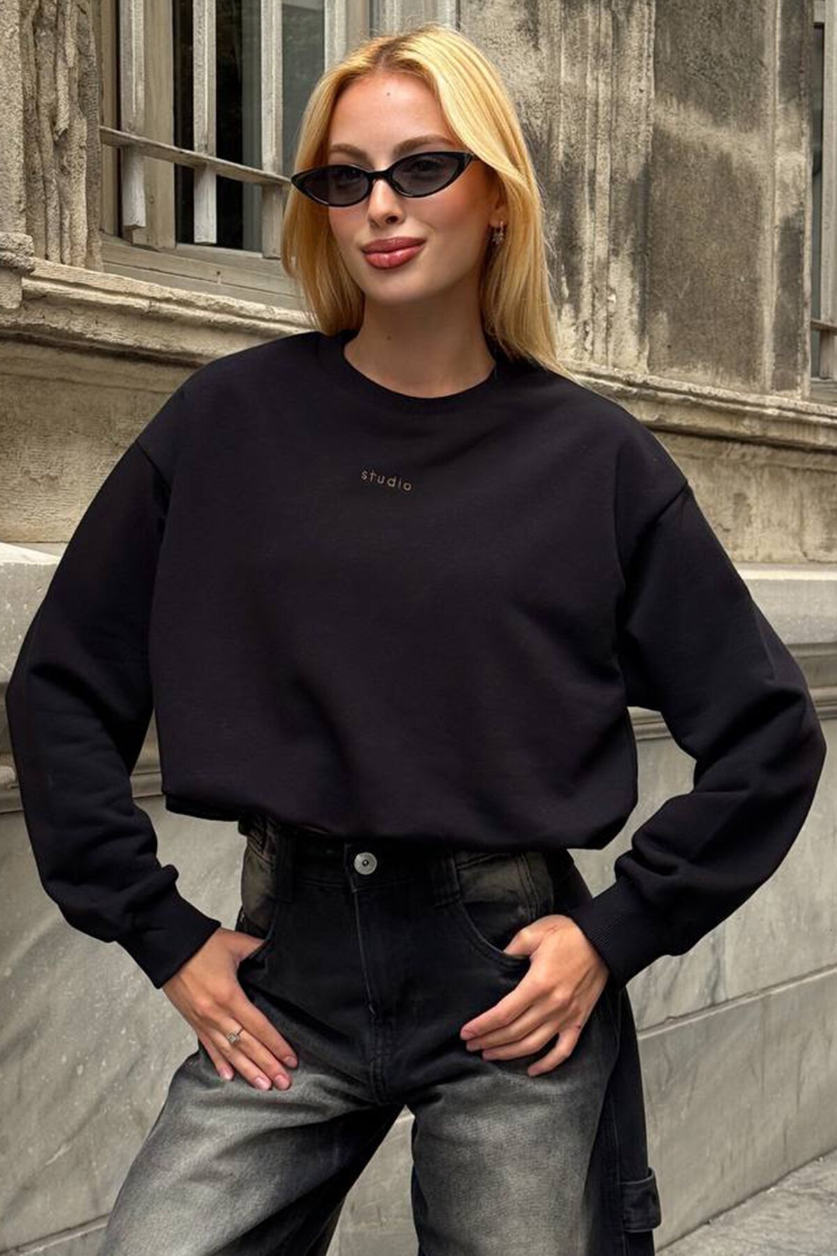 Bisiklet Yaka Baskılı Oversize 3 İplik Sweatshirt