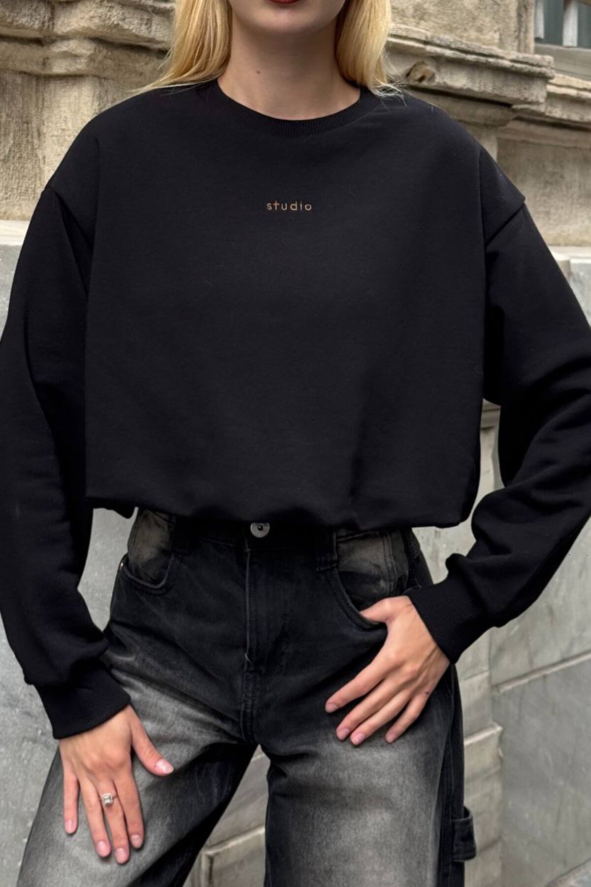 Bisiklet Yaka Baskılı Oversize 3 İplik Sweatshirt