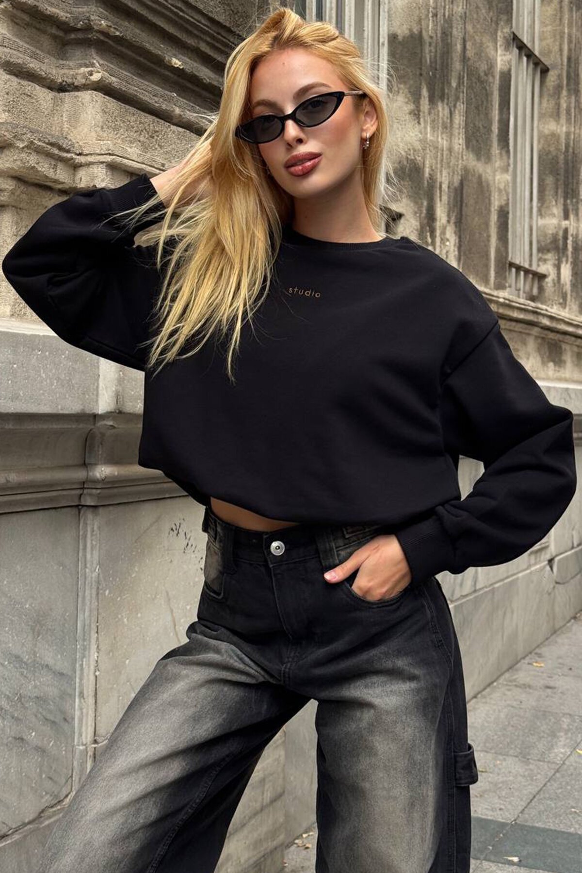 Bisiklet Yaka Baskılı Oversize 3 İplik Sweatshirt