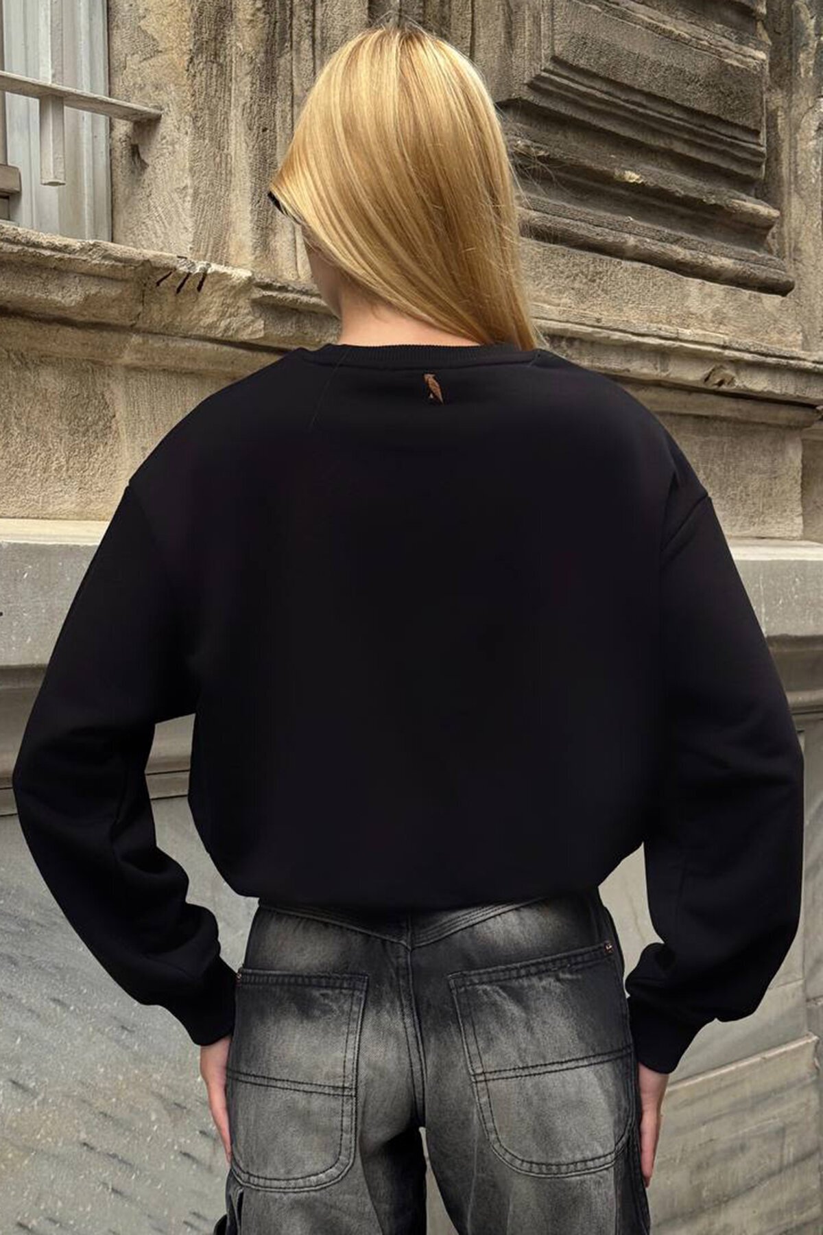 Bisiklet Yaka Baskılı Oversize 3 İplik Sweatshirt