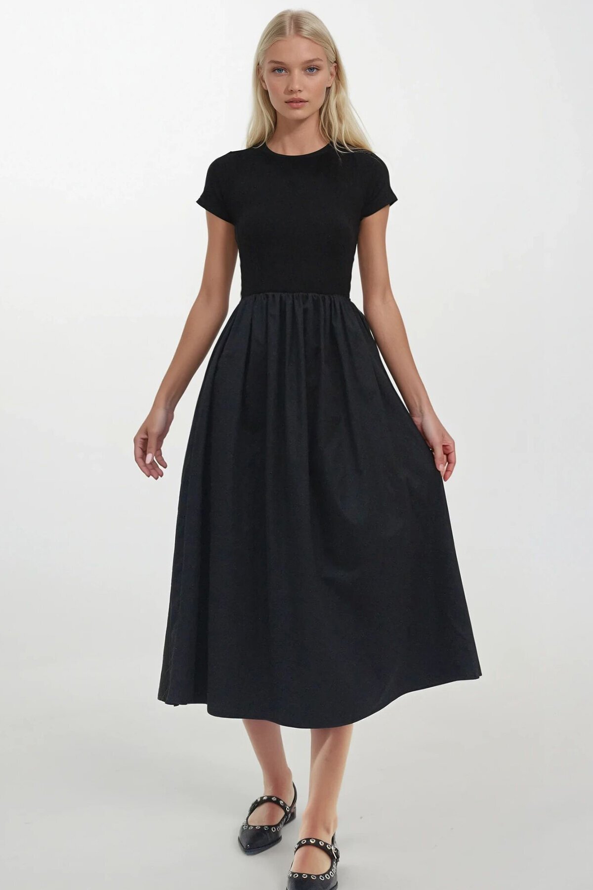 Bisiklet Yaka Beli Lastikli Renk Bloklu Maxi Boy Elbise