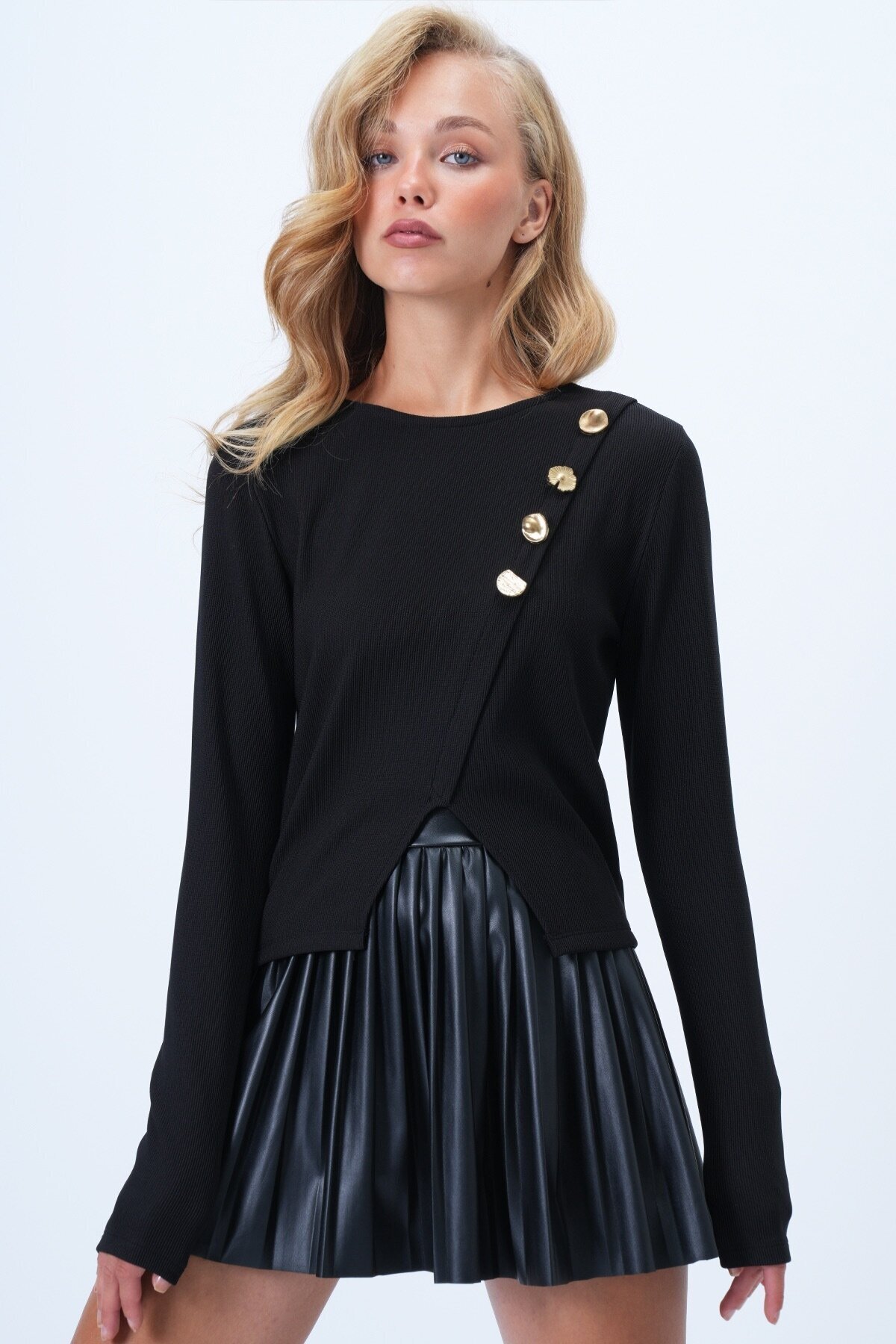 Bisiklet Yaka Çapraz Düğme Detaylı Yırtmaçlı Ottoban Bluz