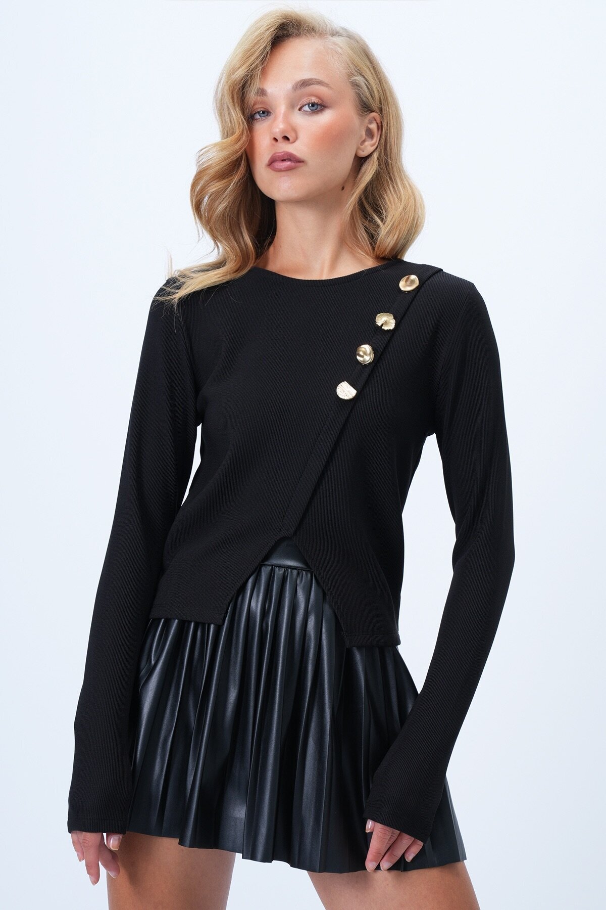 Bisiklet Yaka Çapraz Düğme Detaylı Yırtmaçlı Ottoban Bluz