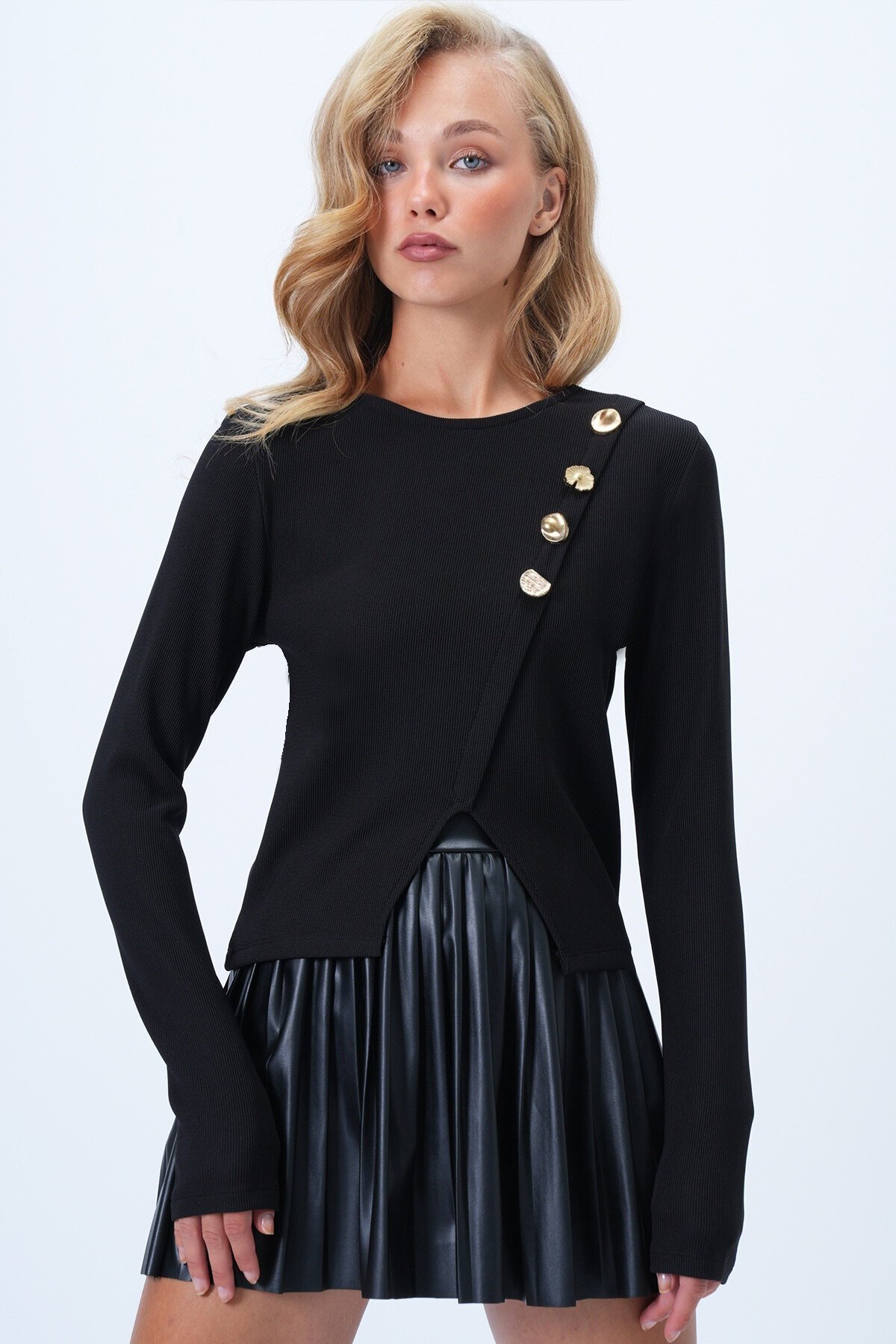 Bisiklet Yaka Çapraz Düğme Detaylı Yırtmaçlı Ottoban Bluz