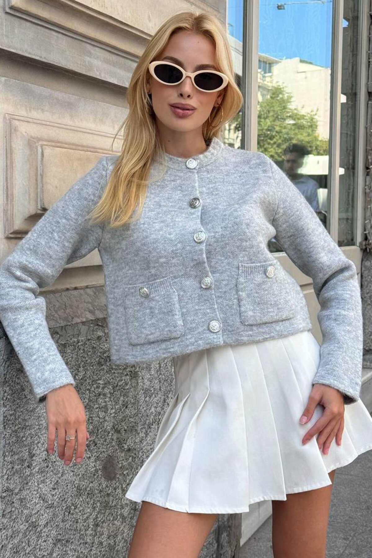 Bisiklet Yaka Çift Cepli Düğmeli Triko Hırka