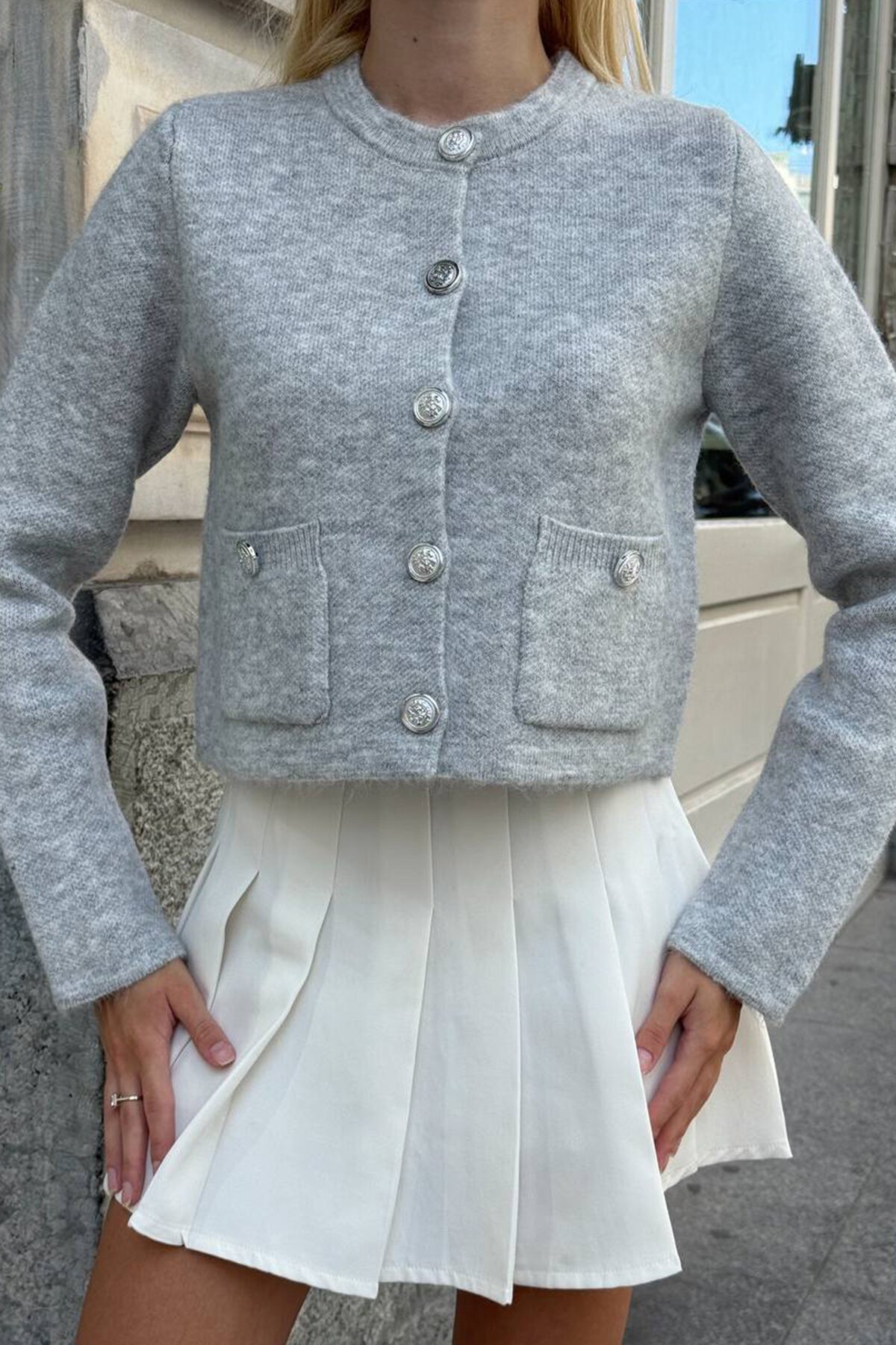 Bisiklet Yaka Çift Cepli Düğmeli Triko Hırka