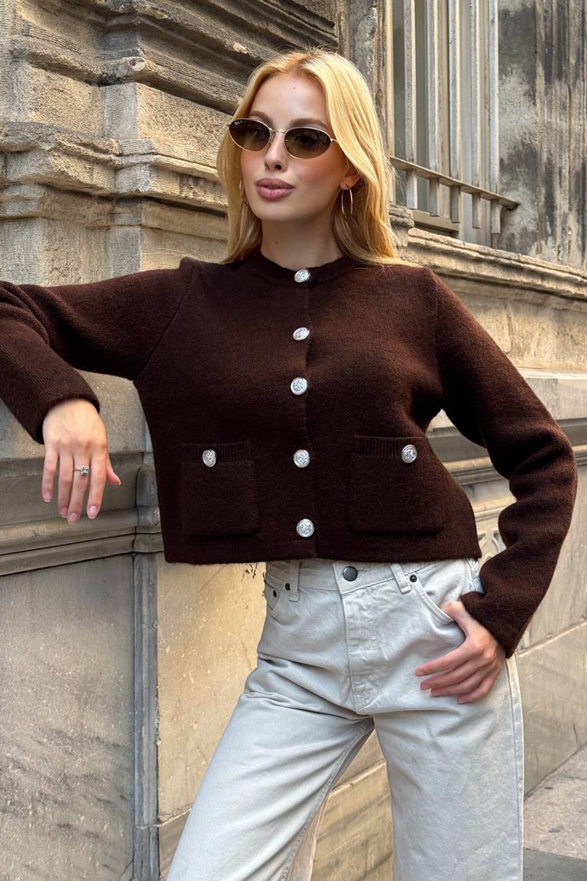 Bisiklet Yaka Çift Cepli Düğmeli Triko Hırka