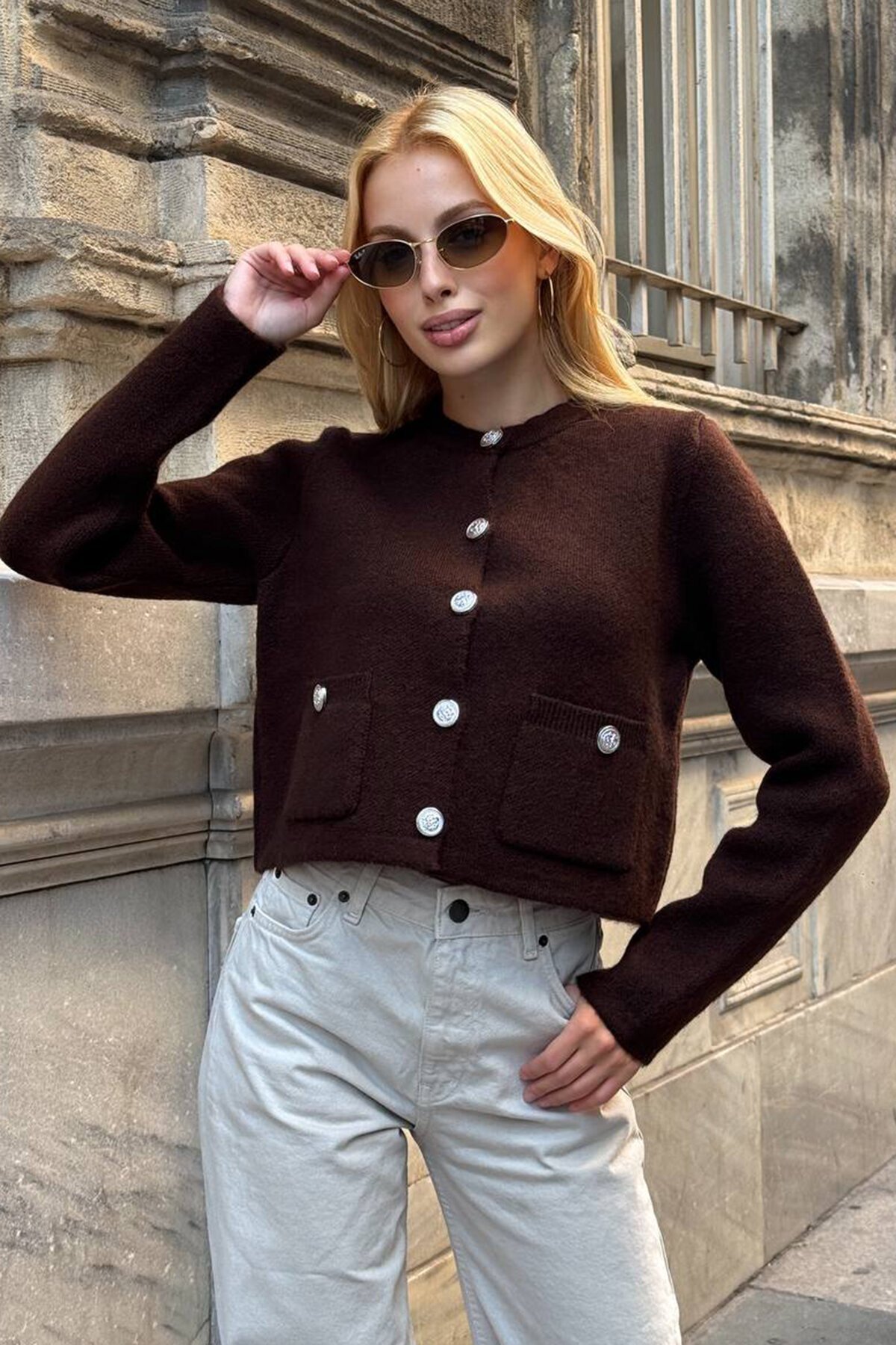 Bisiklet Yaka Çift Cepli Düğmeli Triko Hırka