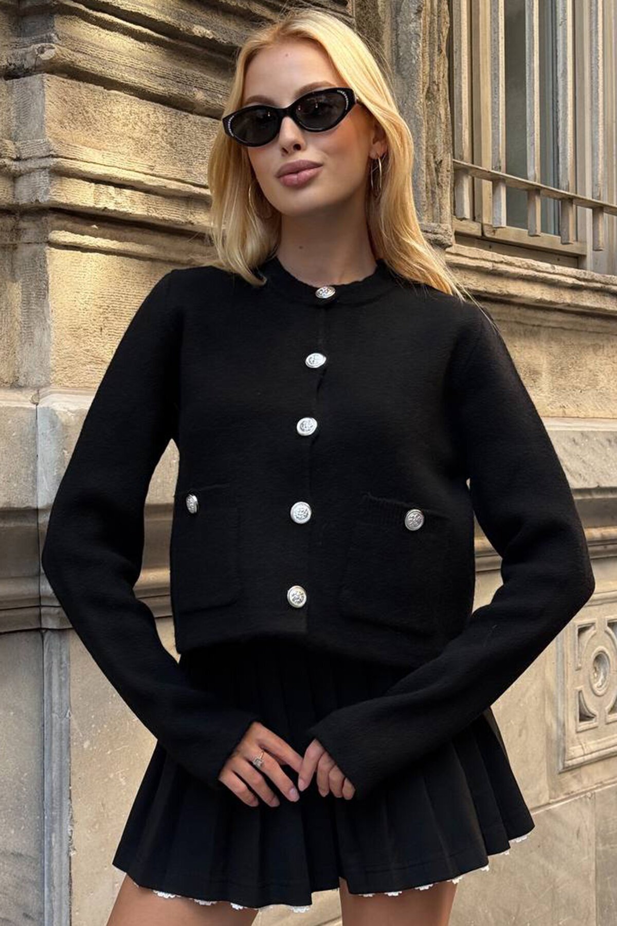 Bisiklet Yaka Çift Cepli Düğmeli Triko Hırka