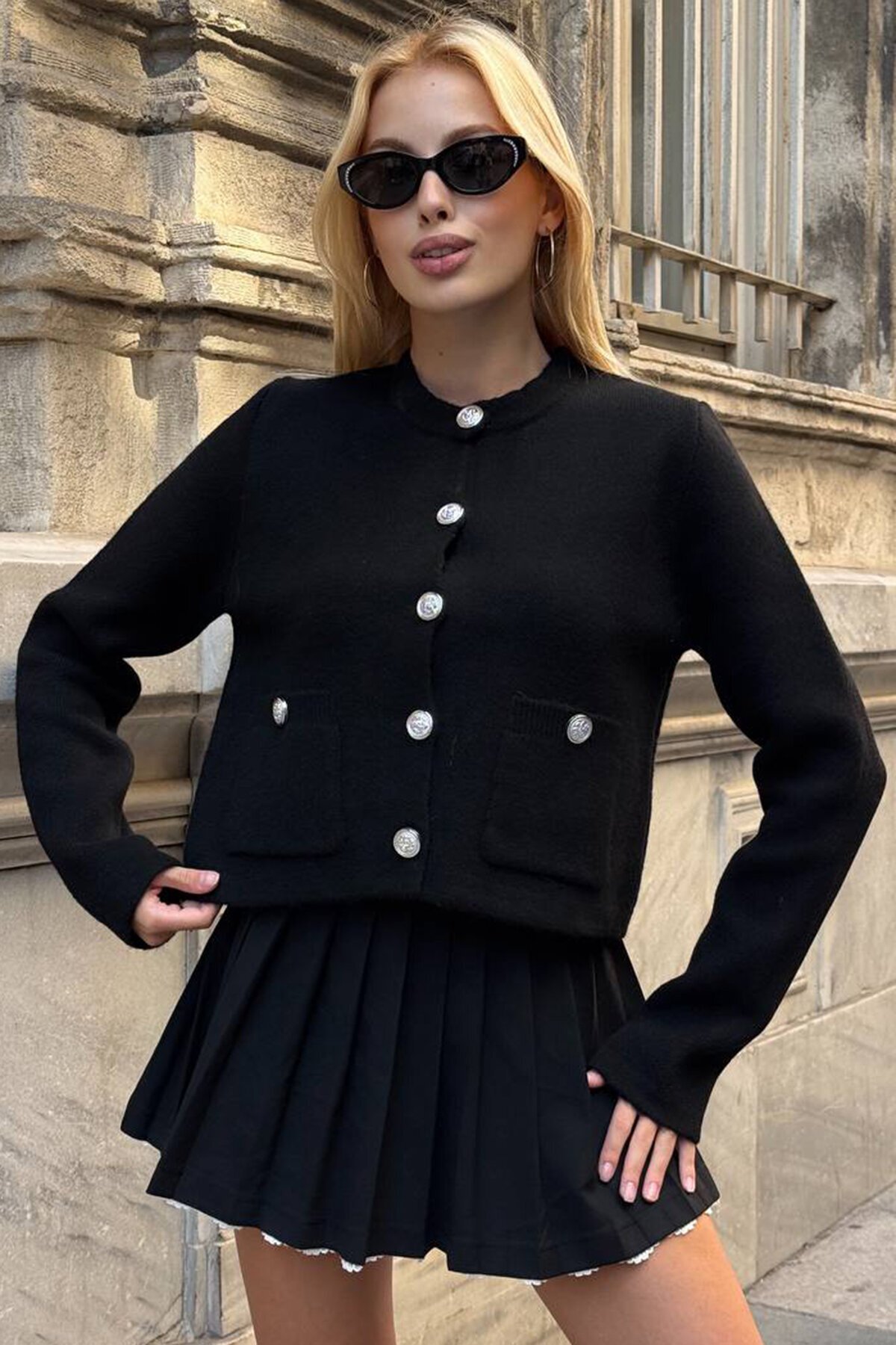 Bisiklet Yaka Çift Cepli Düğmeli Triko Hırka