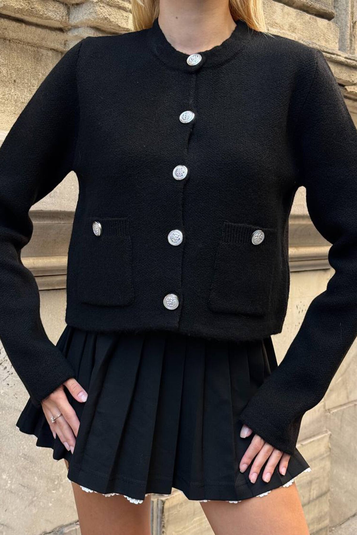 Bisiklet Yaka Çift Cepli Düğmeli Triko Hırka