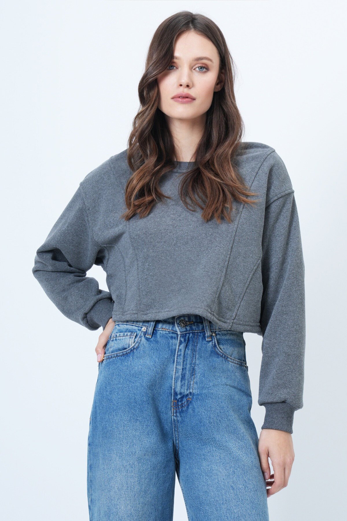 Bisiklet Yaka Dikiş Detaylı Crop Sweatshirt